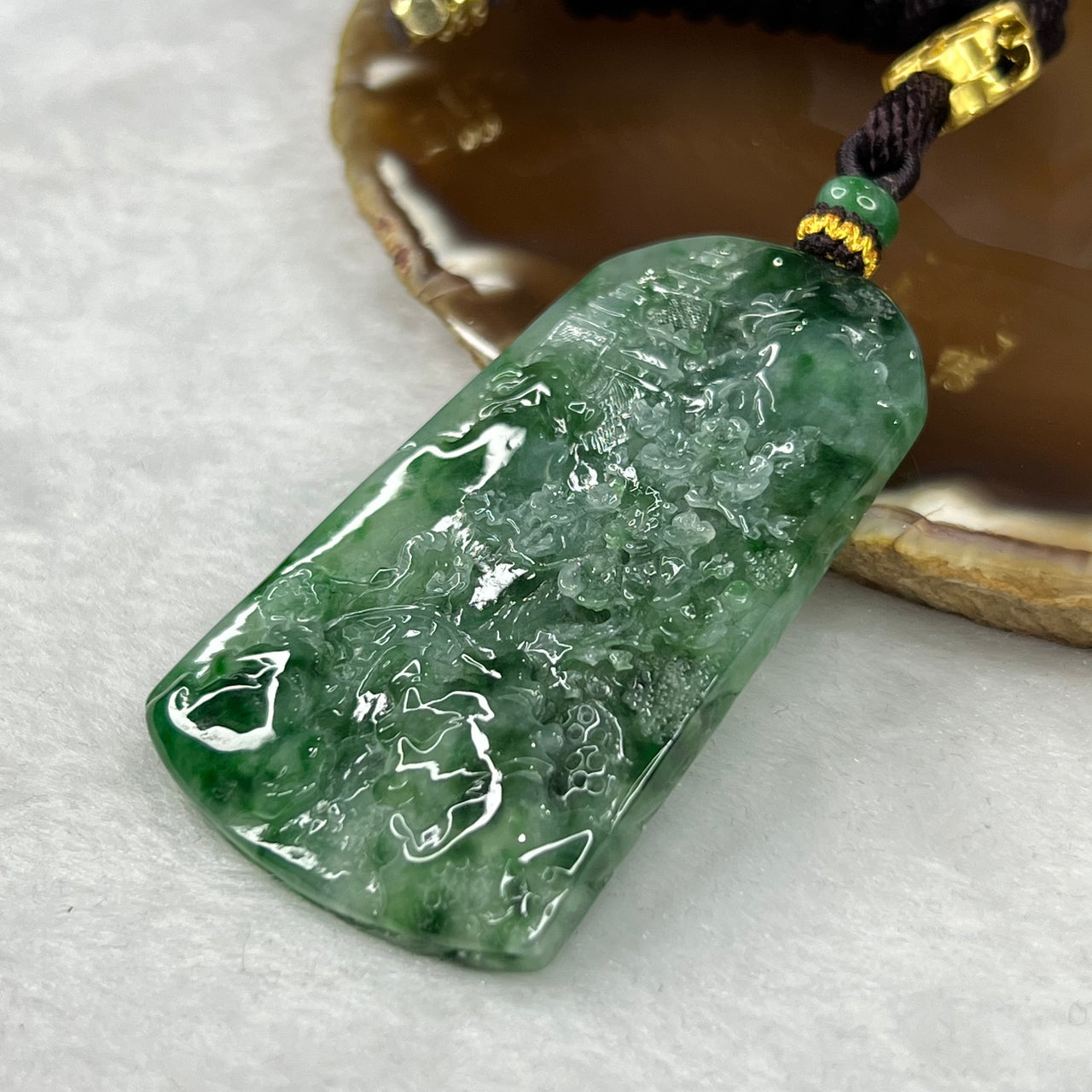 Grand Master Certified Type A Semi Icy Green Piao Hua Jade Jadeite Shan Shui Pendant 39.20g 60.5 by 37.7 by 6.6 mm - Huangs Jadeite and Jewelry Pte Ltd