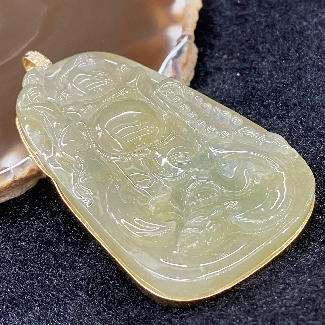 Rare Icy 18K 750 Yellow Gold Type A Burmese Honey Yellow Variety Jade Jadeite Feng Shui Milo Buddha with Natural Diamonds 74.70g - Huangs Jadeite and Jewelry Pte Ltd