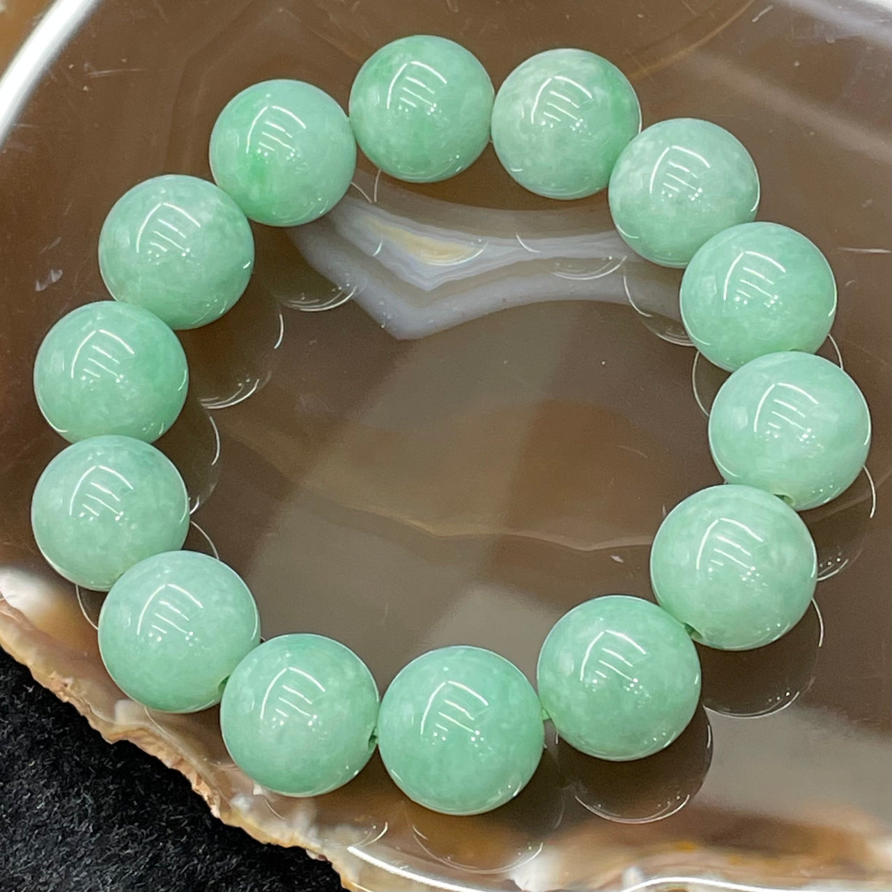 Rare Type A Burmese Apple Green Jade Jadeite Beads Bracelet - 76.87g 14.7mm/bead 14 beads - Huangs Jadeite and Jewelry Pte Ltd