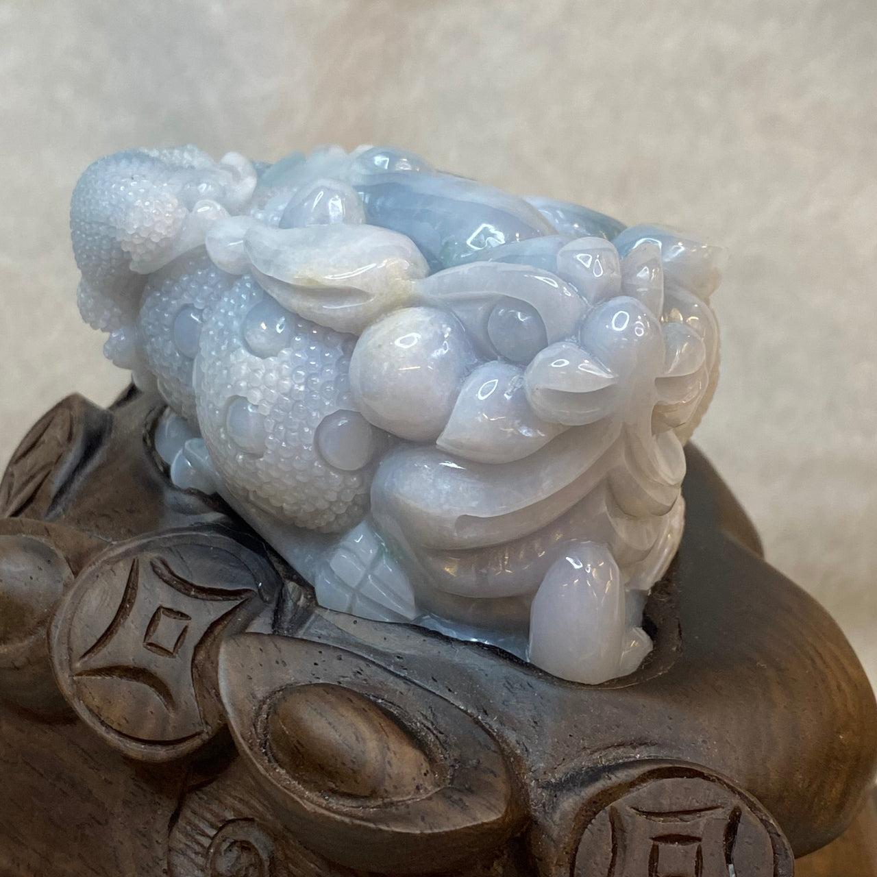 Type A Sky Blue Jadeite Prosperity 3 Legged Frog with Baby Display 337.5g 89.6 by 53.3 by 45.0mm 1245g 17.0 by 11.0 by 13.0cm - Huangs Jadeite and Jewelry Pte Ltd