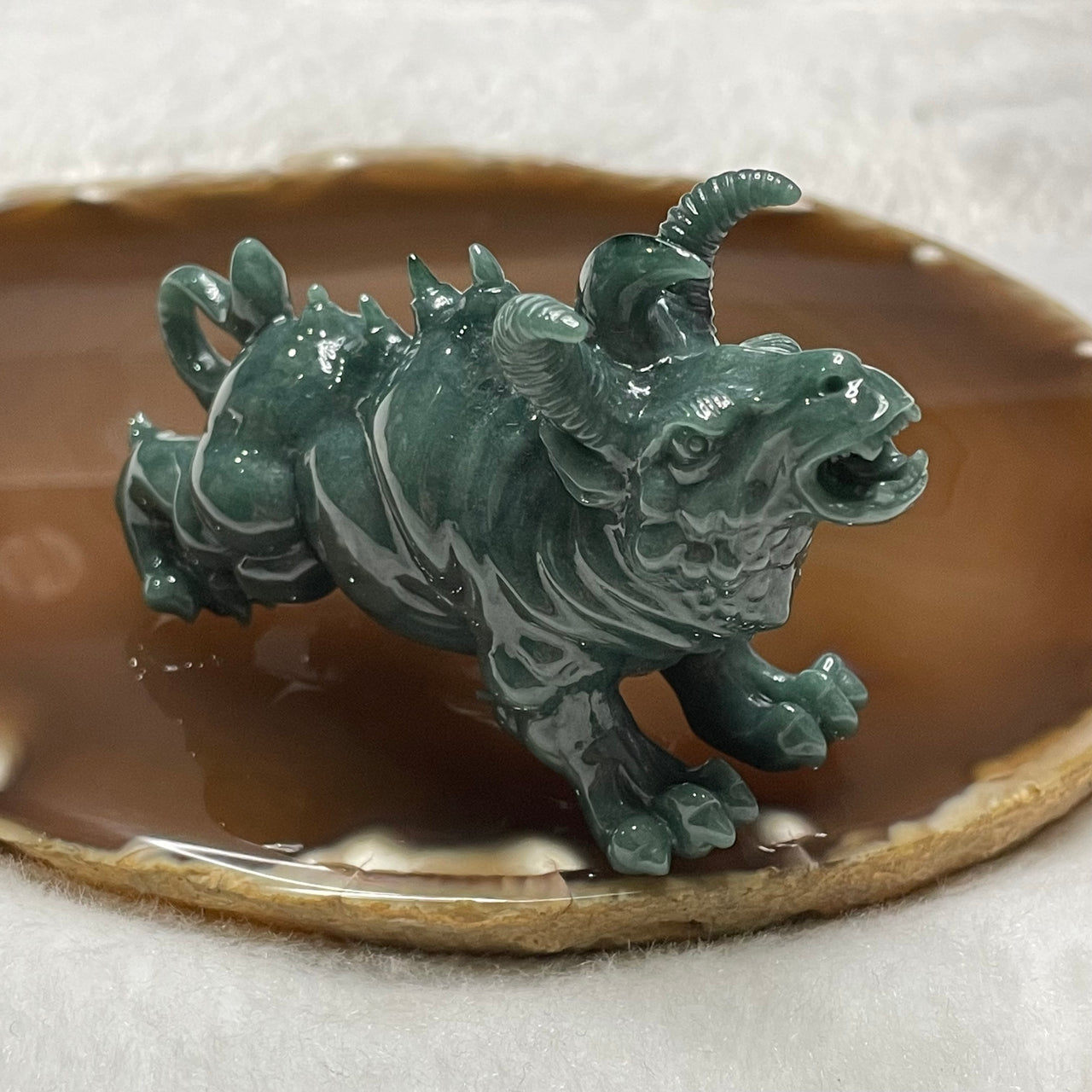 Rare Carving Type A Blueish Green Jade Jadeite 3 Horned Ox Display 110.97g 82.0 by 50.2 by 28.8mm - Huangs Jadeite and Jewelry Pte Ltd