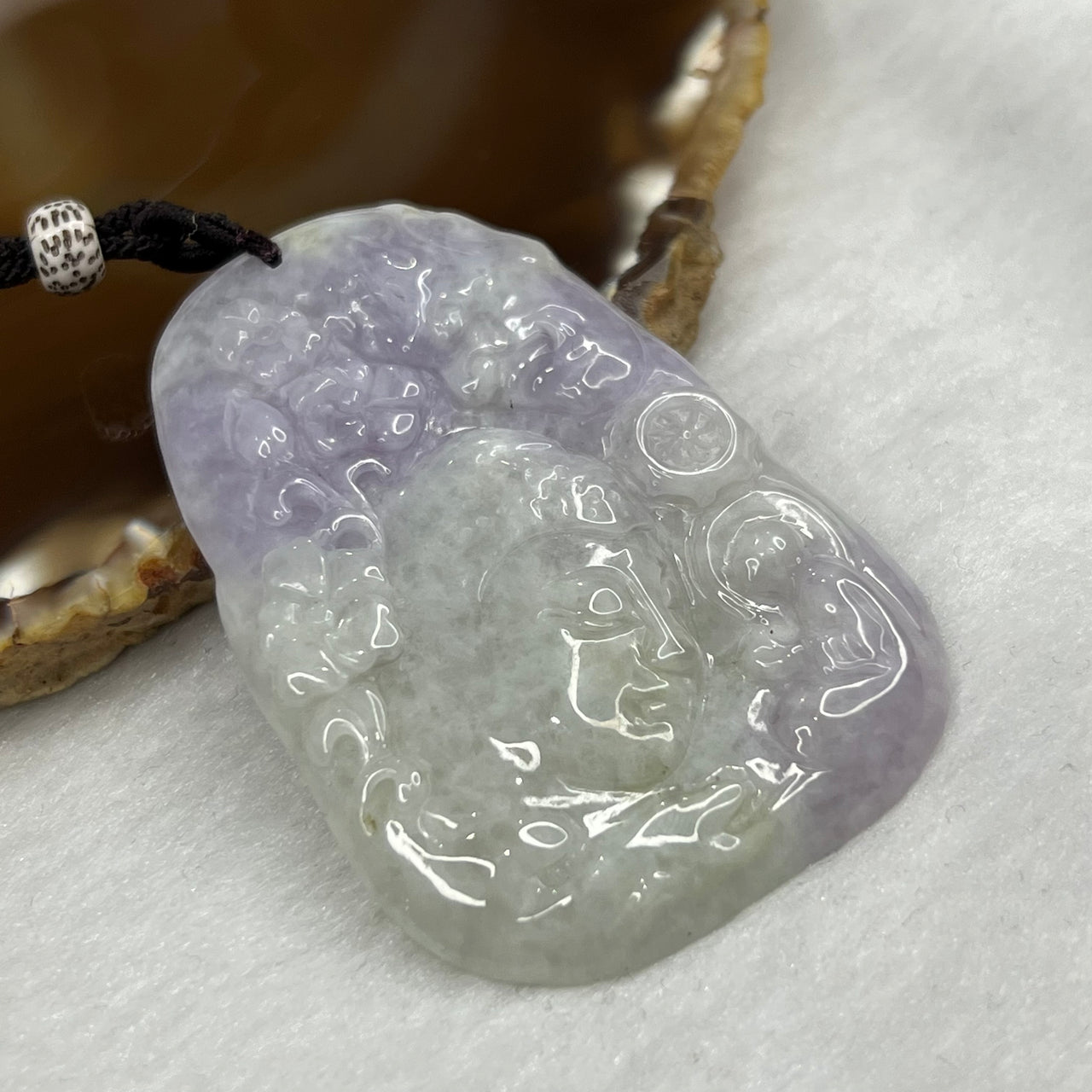 Type A Lavender & Green Buddha Jade Jadeite Pendant 29.49g 60.5 by 42.3 by 5.2 mm - Huangs Jadeite and Jewelry Pte Ltd