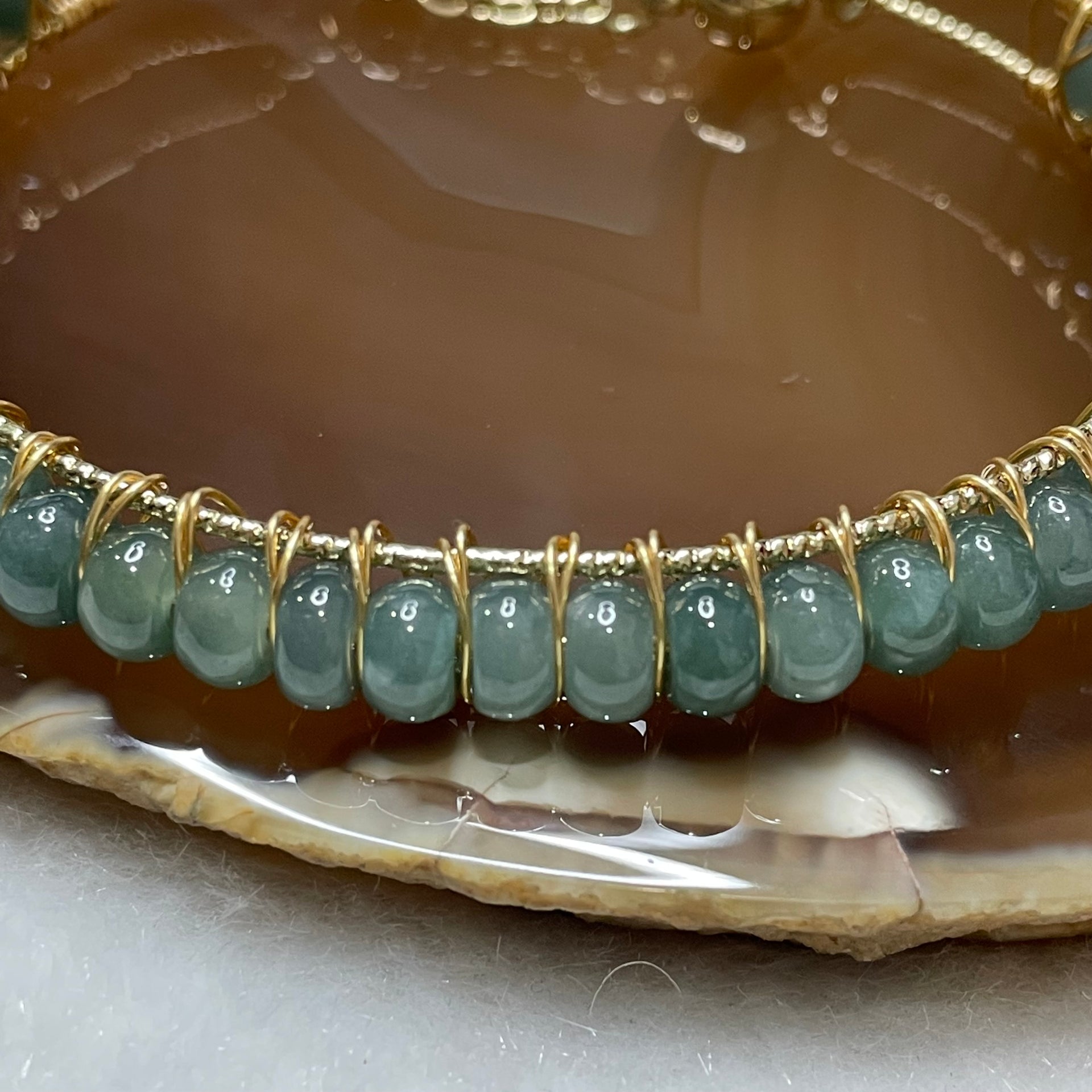 Type A Blueish Green Jade Jadeite 14k gold filled bracelet 11.92g Thickness: 7.3 by 7.0mm - Huangs Jadeite and Jewelry Pte Ltd