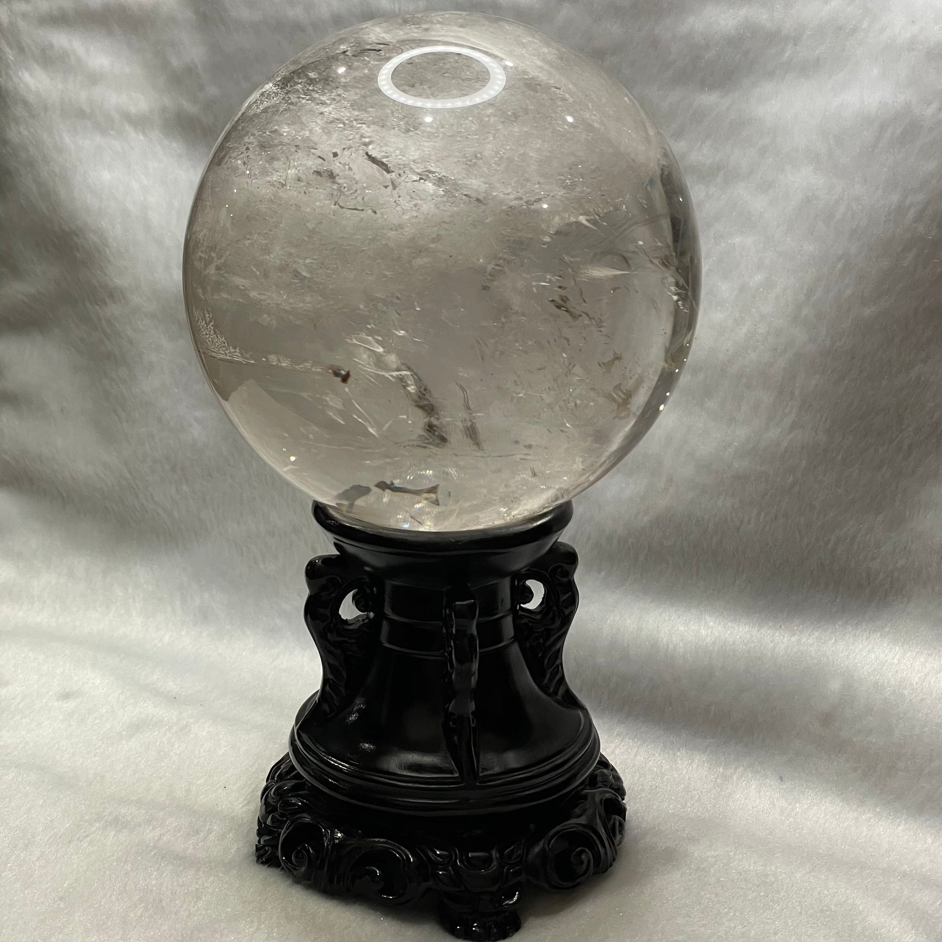 Natural Clear Quartz Crystal Ball Display with Wooden Stand - 2795g Dimensions with Stand: 212 by 204.2 by 136mm Crystal Ball Dimensions: 113.8 by 113.8mm - Huangs Jadeite and Jewelry Pte Ltd