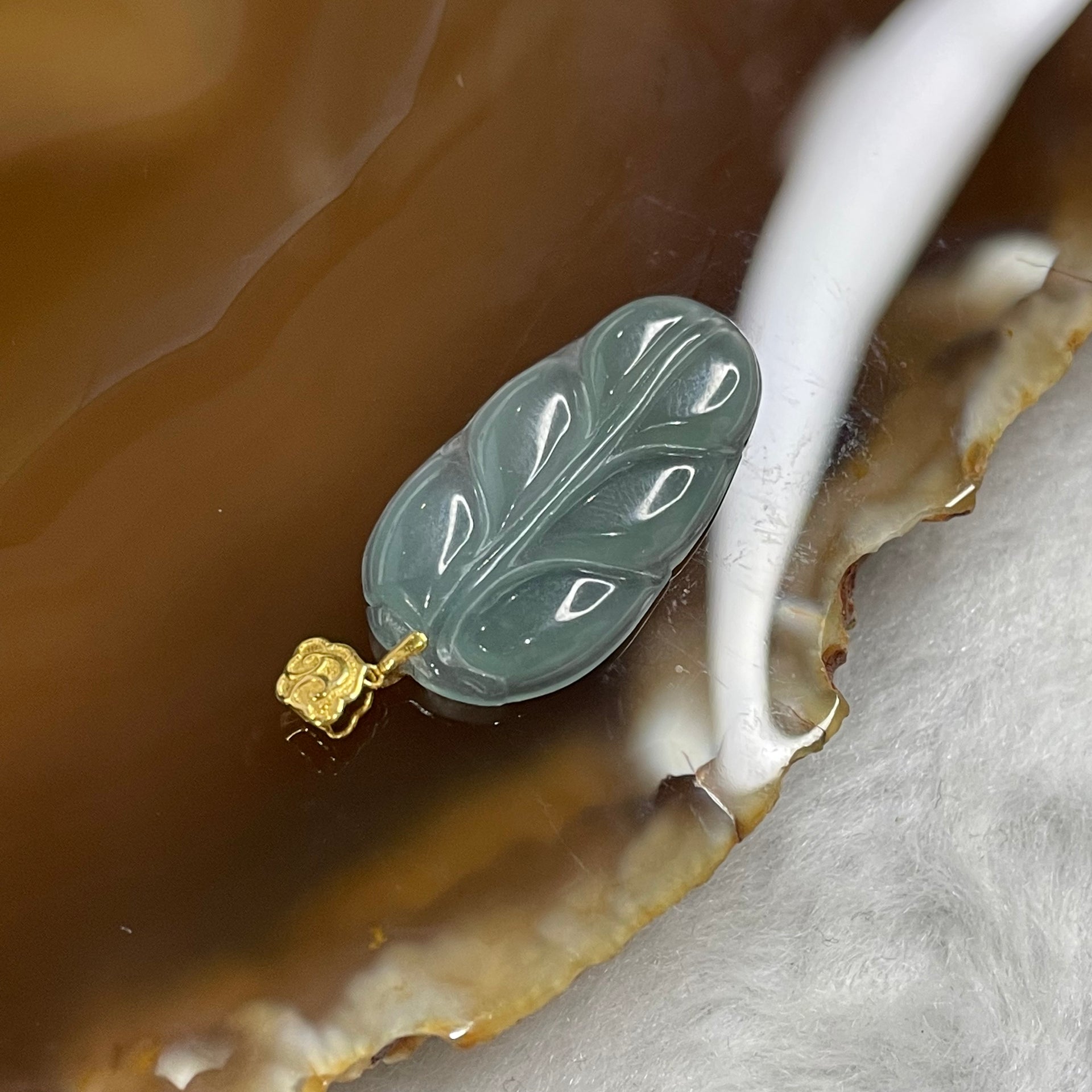 Type A Semi Icy Blueish Green Leaf Jade Jadeite Pendant with 18k Gold Clasp 1.74g 25.8 by 13.4 by 2.5mm - Huangs Jadeite and Jewelry Pte Ltd