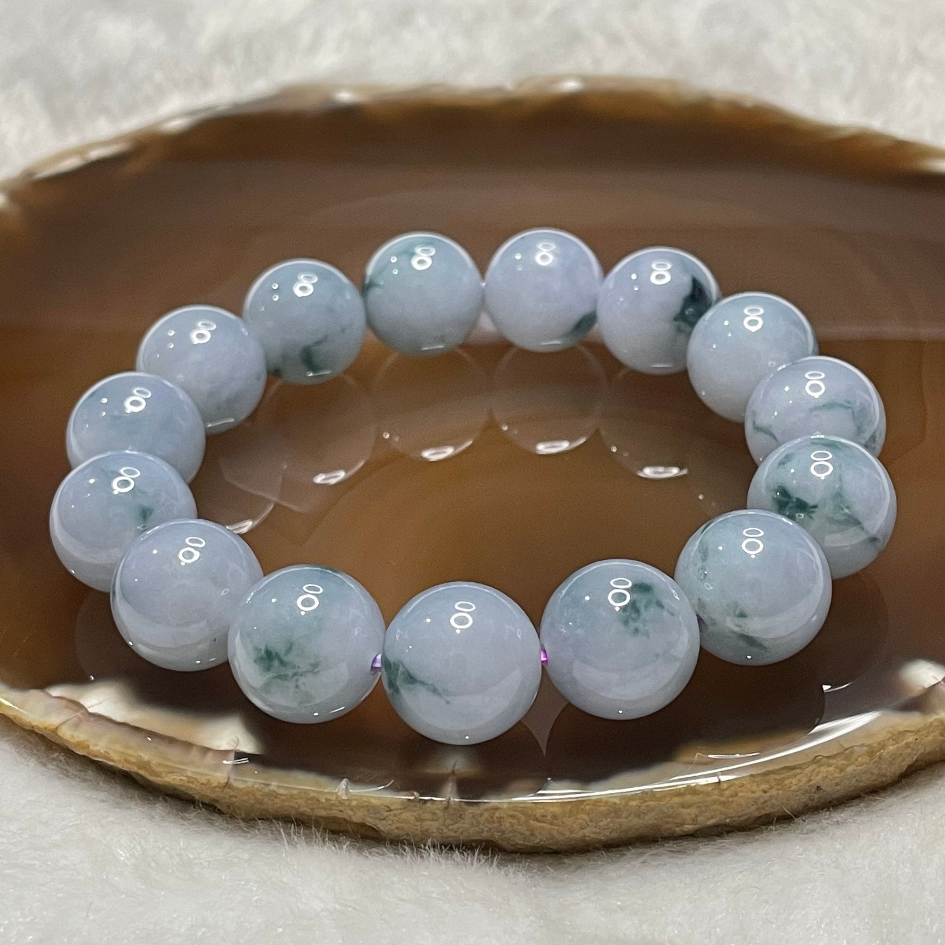 Type A Semi Icy Lavender with Green Piao Hua Jade Jadeite Beads 71.43g 14.1mm/bead 15 beads - Huangs Jadeite and Jewelry Pte Ltd