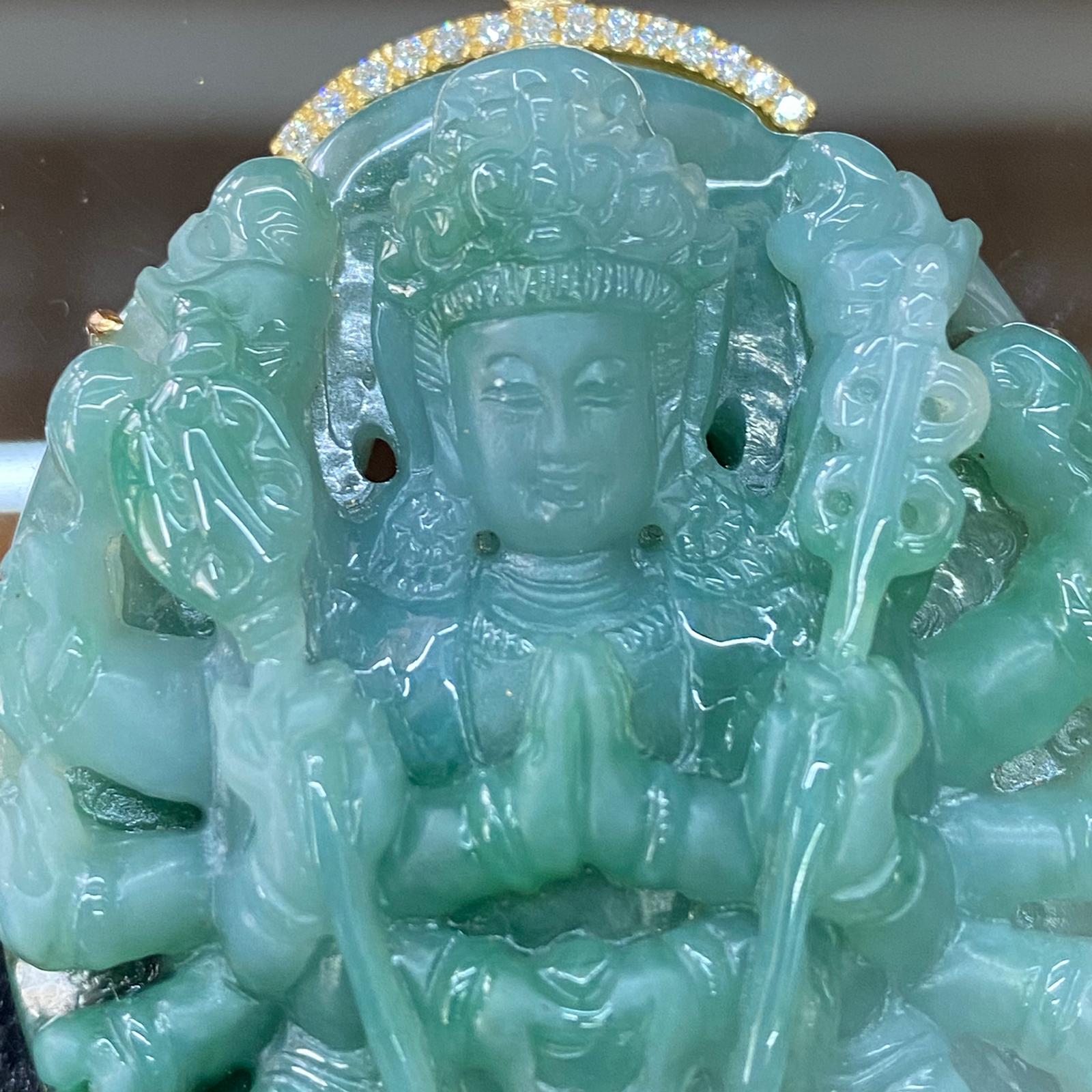 Type A Green Jadeite Thousand Hands Guan Yin set in 18k yellow gold & natural diamonds - 68.36g 74.4 by 43.2 by 14.1mm - Huangs Jadeite and Jewelry Pte Ltd