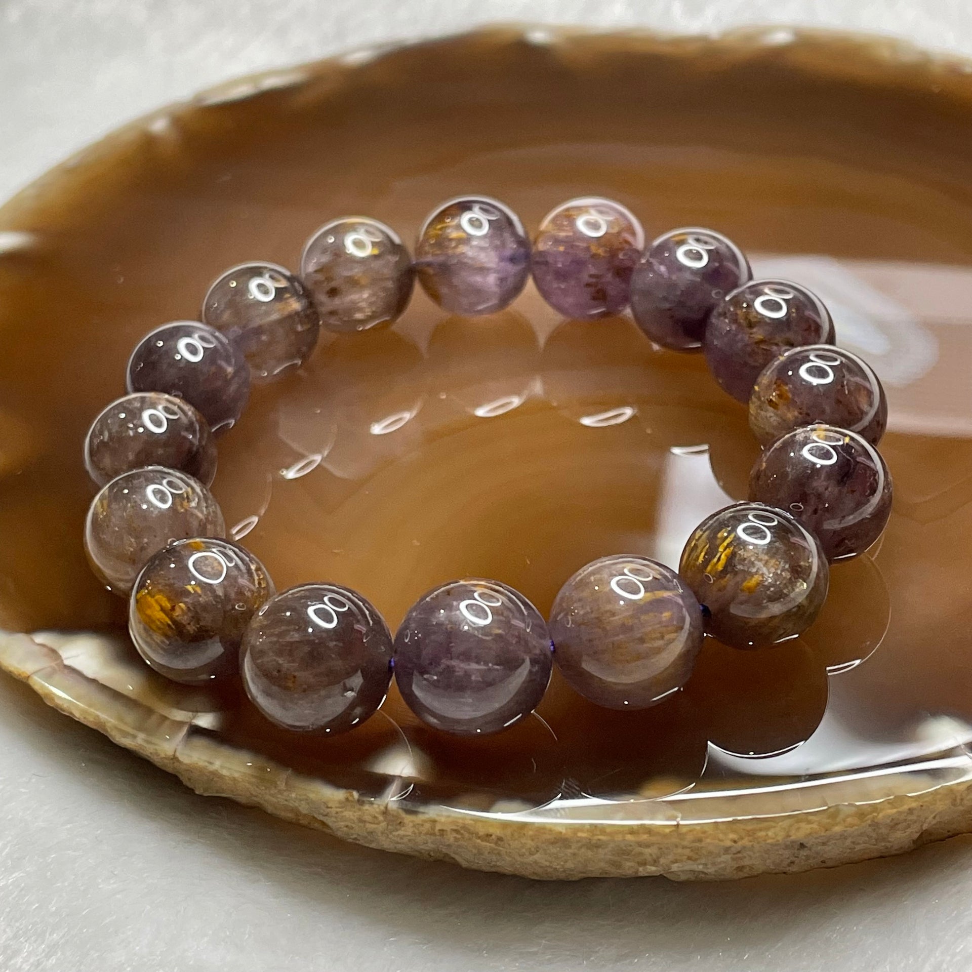 Natural Amethyst Cacoxenite Crystal Bracelet 45.16g 12.9mm/bead 16 beads - Huangs Jadeite and Jewelry Pte Ltd