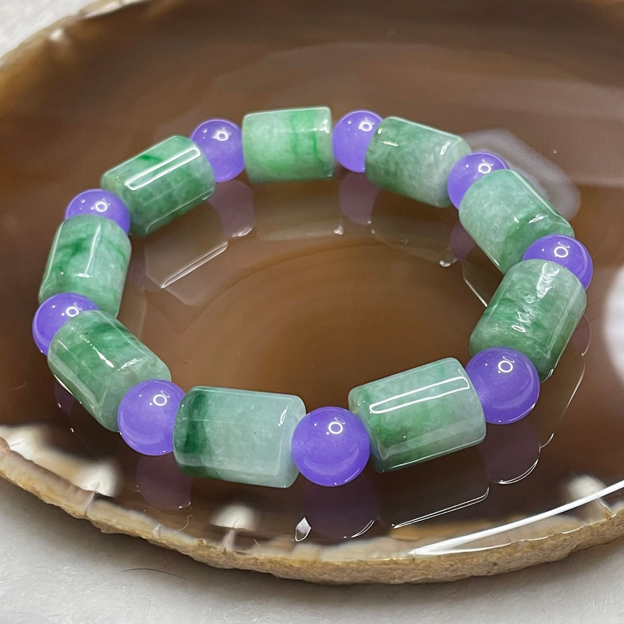 Type A Green Jade Jadeite Barrel Bracelet 50.77g 14.0 by 11.5mm 9 barrels - Huangs Jadeite and Jewelry Pte Ltd