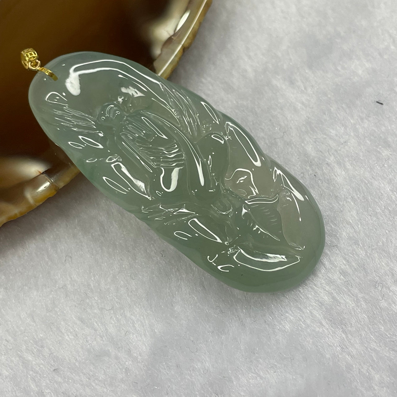 Type A Semi Icy Green Jadeite Gui Ren Pendant with 18k Gold Clasp - 15.80g 52.9 by 22.5 by 6.0mm - Huangs Jadeite and Jewelry Pte Ltd