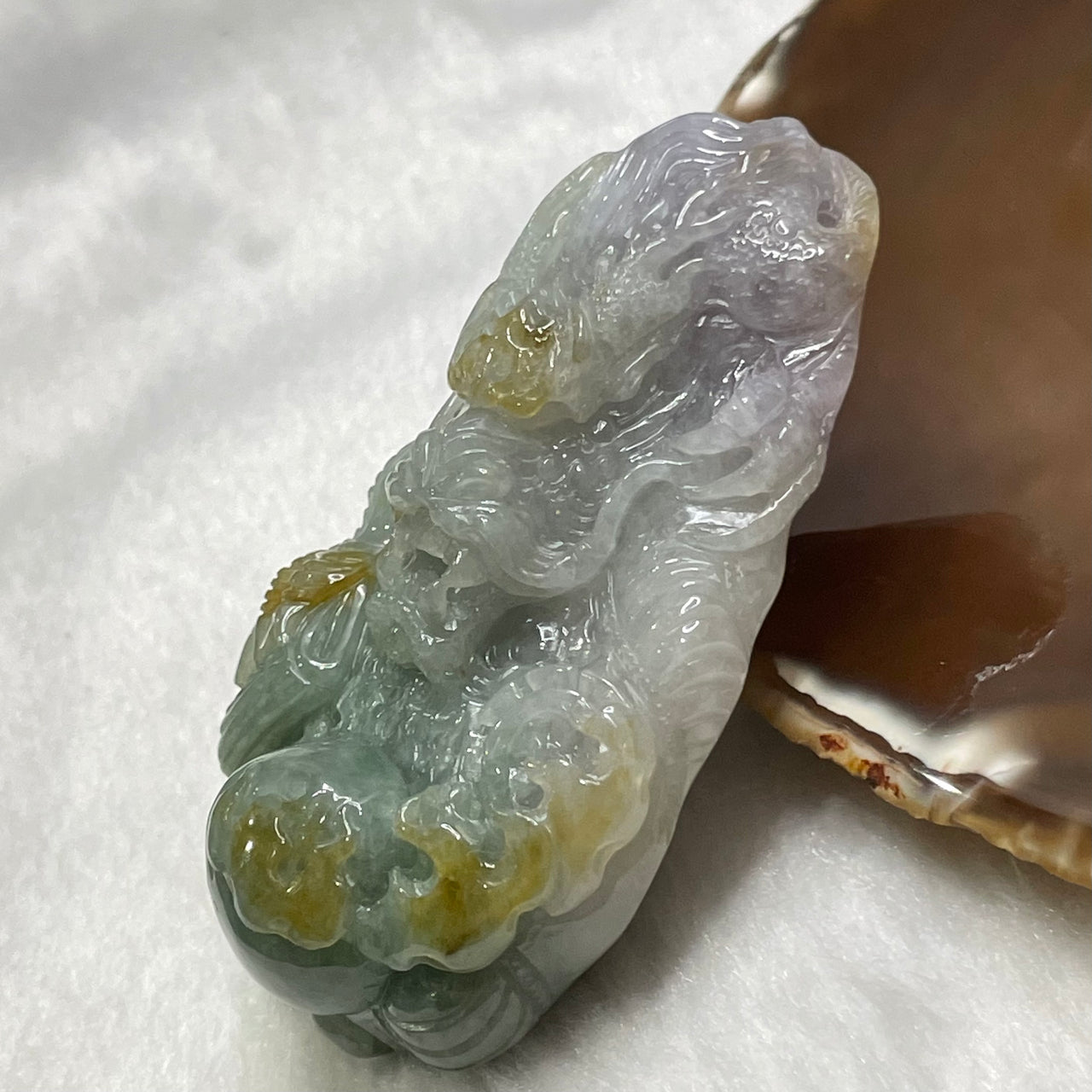 Type A Green, Lavender & Yellow Jade Jadeite Dragon Pendant - 123.3g 77.3 by 47.8 by 27.1mm - Huangs Jadeite and Jewelry Pte Ltd