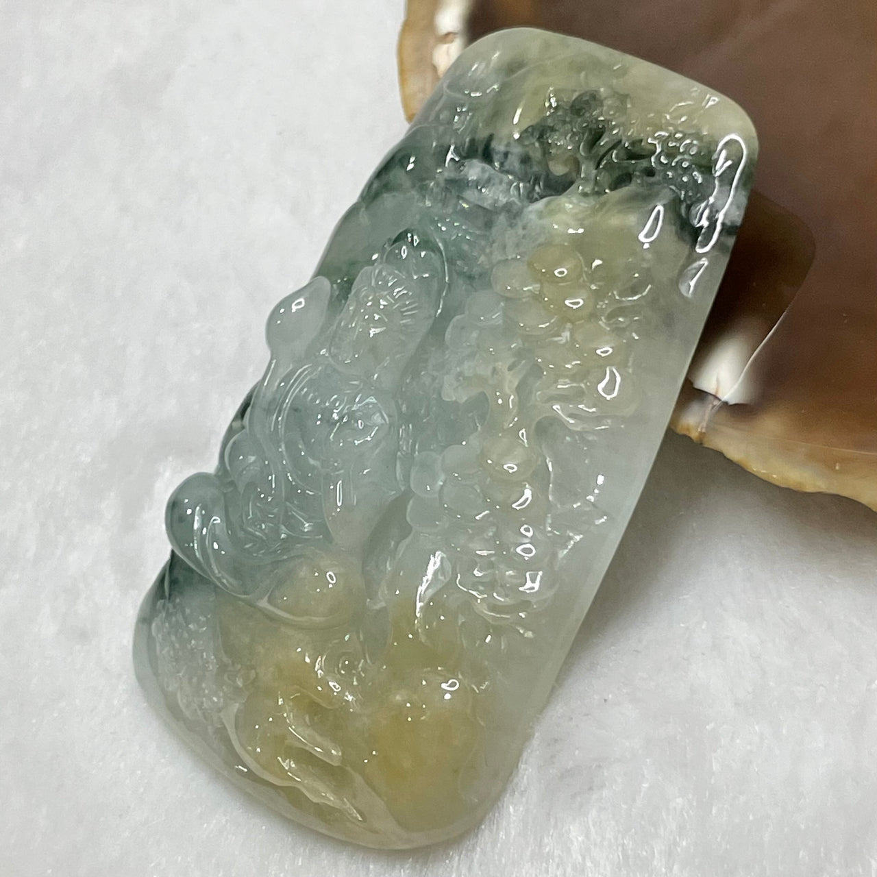 High Quality Type A Semi Icy Yellow & Green Jade Jadeite Guan Yin Pendant - 43.39g 62.8 by 40.9 by 9.6mm - Huangs Jadeite and Jewelry Pte Ltd