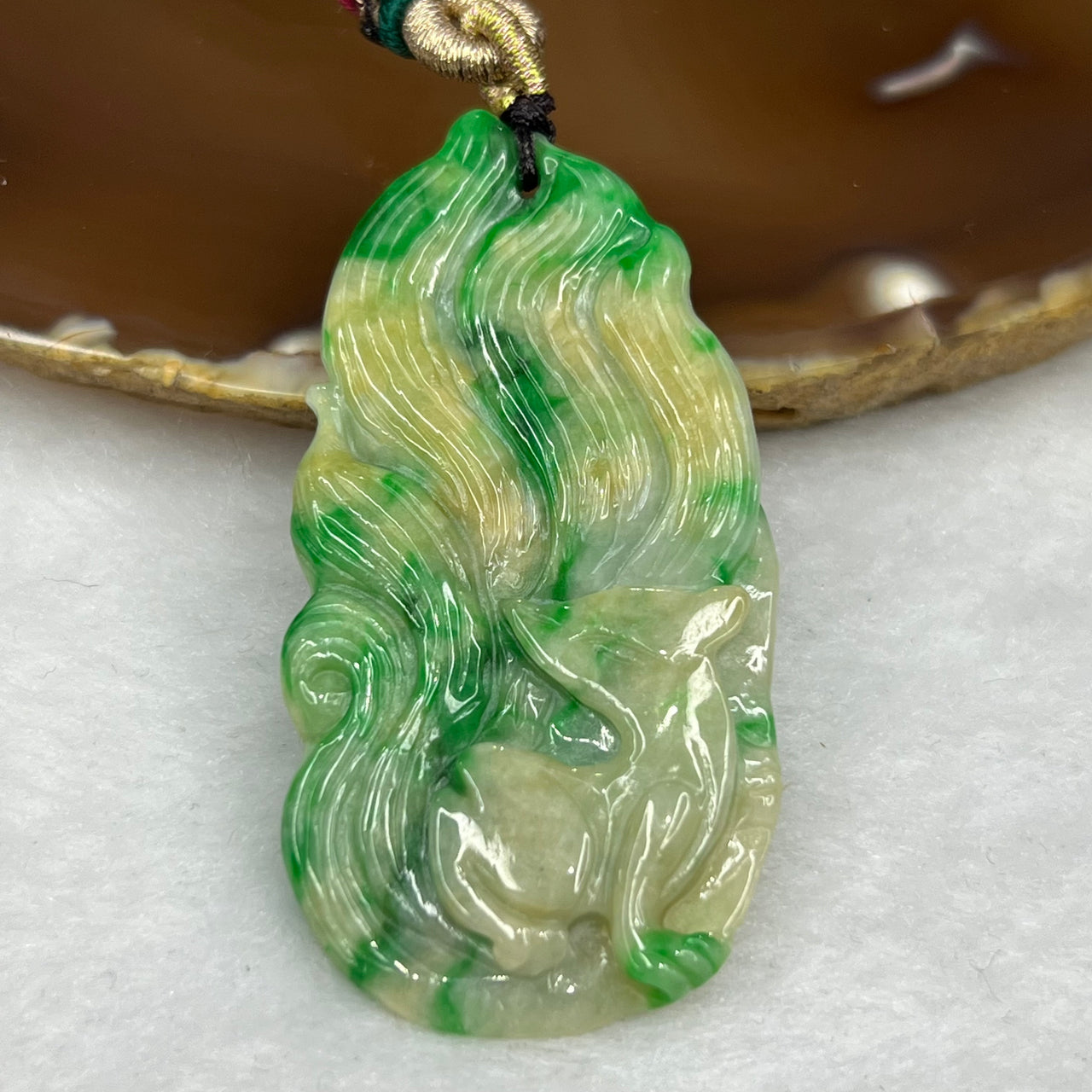 Type A Yellow and Spicy Green Jade Jadeite Nine Tail Fox Pendant - 19.43g 55.7 x 28.4 x 5.8mm - Huangs Jadeite and Jewelry Pte Ltd