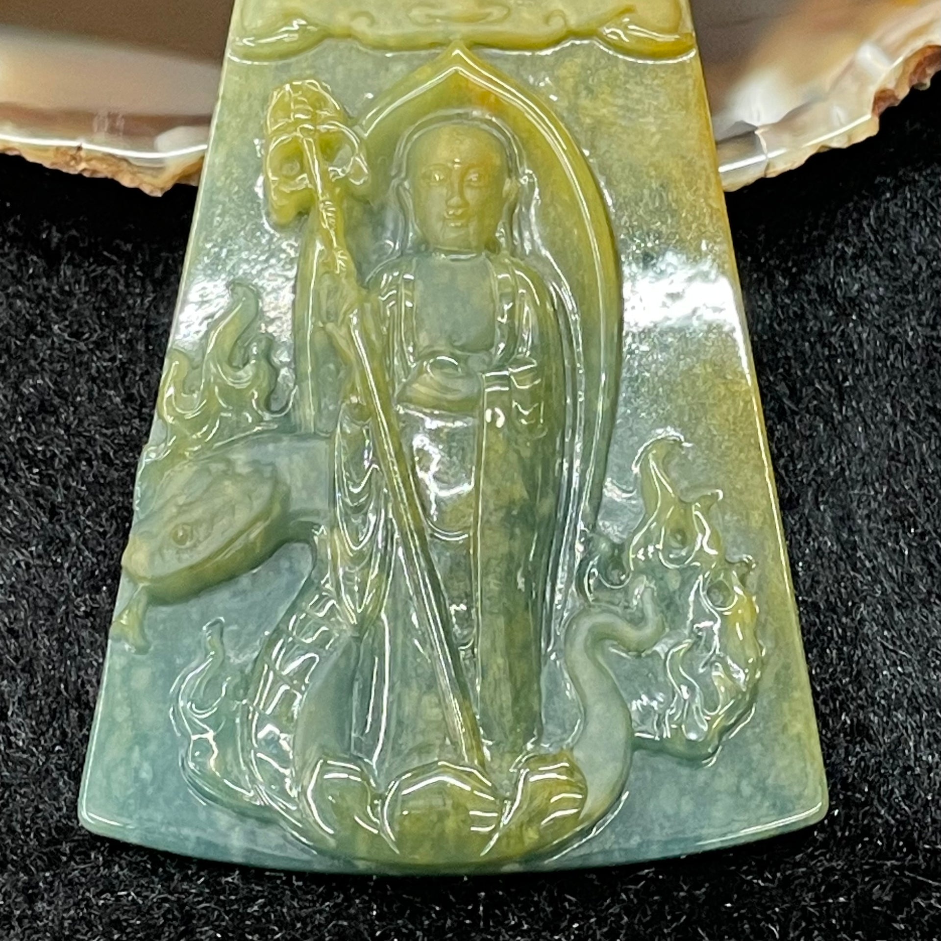 Type A Burmese Jade Jadeite Di Zang Buddha with 22k gold hook - 54.16g 67.2 by 50.3 by 8.5mm - Huangs Jadeite and Jewelry Pte Ltd