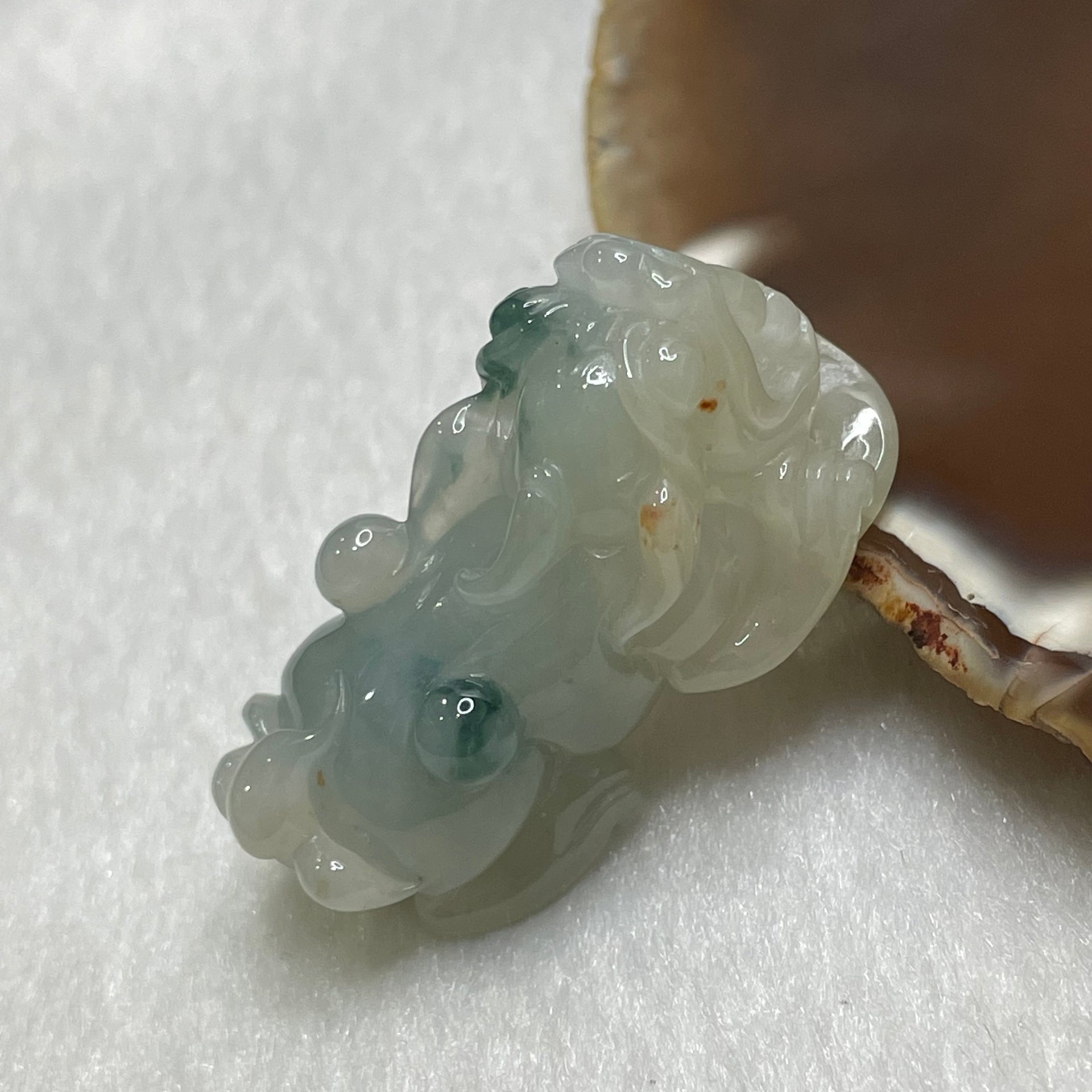 Type A Faint Green Piao Hua with Brownish Red Spots Jade Jadeite Pixiu Charm - 17.3g 37.9 by 16.1 by 18.2mm - Huangs Jadeite and Jewelry Pte Ltd