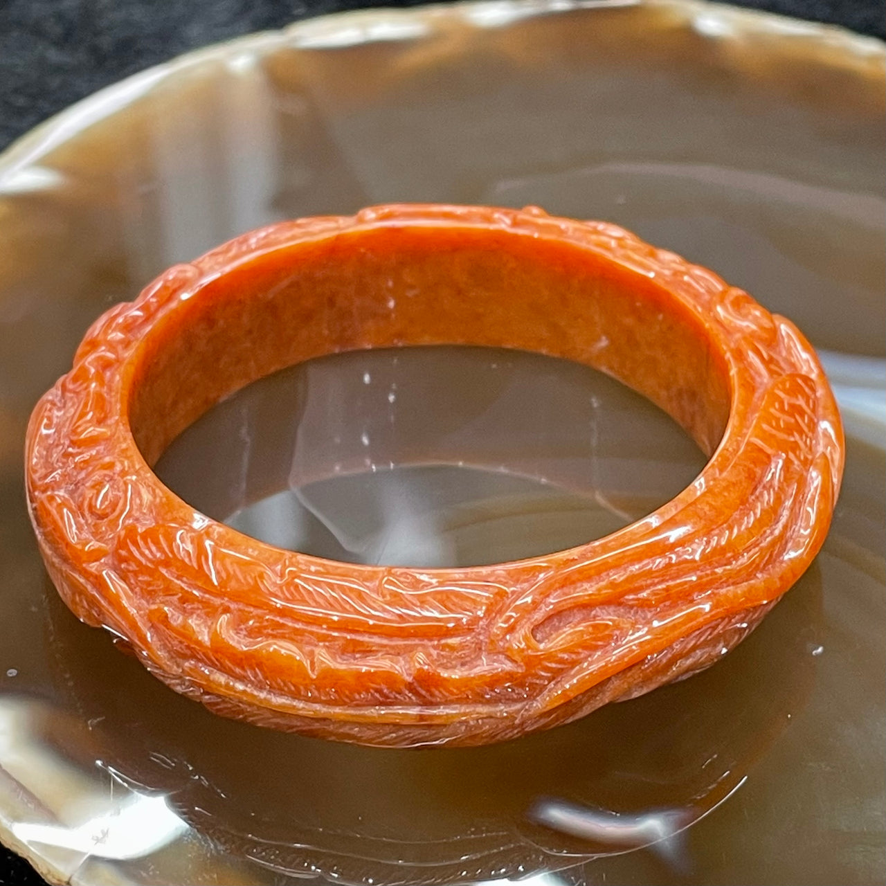 Type A Burmese Red Jade Dragon & Phoenix Bangle - 46.22g 47.2mm inner diameter 13.7mm thickness - Huangs Jadeite and Jewelry Pte Ltd