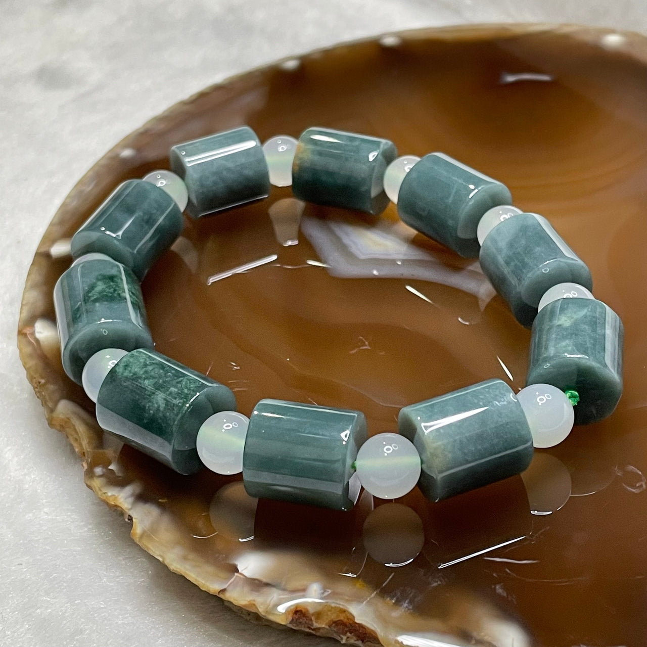 Type A Blueish Green Lu Lu Tong Barrel Jade Jadeite Bracelet 63.54g 12.6mm/piece 10 pieces - Huangs Jadeite and Jewelry Pte Ltd