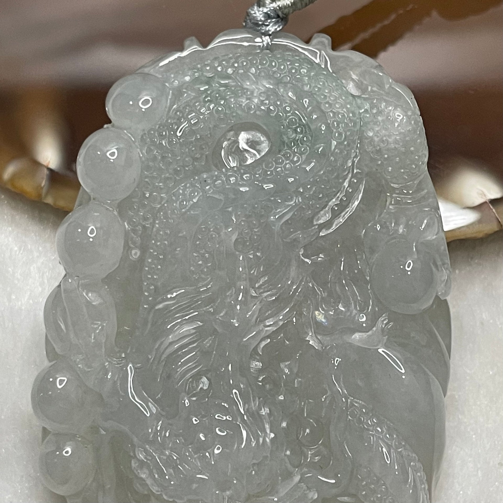 Type A Faint Green Jade Jadeite Dragon Necklace - 64.6g 62.8 by 43.1 by 14.4mm - Huangs Jadeite and Jewelry Pte Ltd