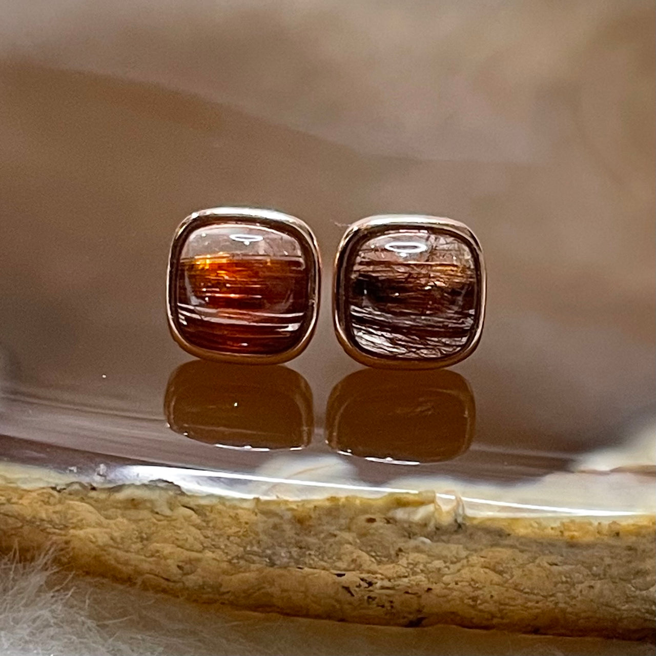 Natural Copper Rutilated Quartz 铜发晶 925 Silver Earrings 1.00g 7.2 by 7.2 by 3.4mm - Huangs Jadeite and Jewelry Pte Ltd