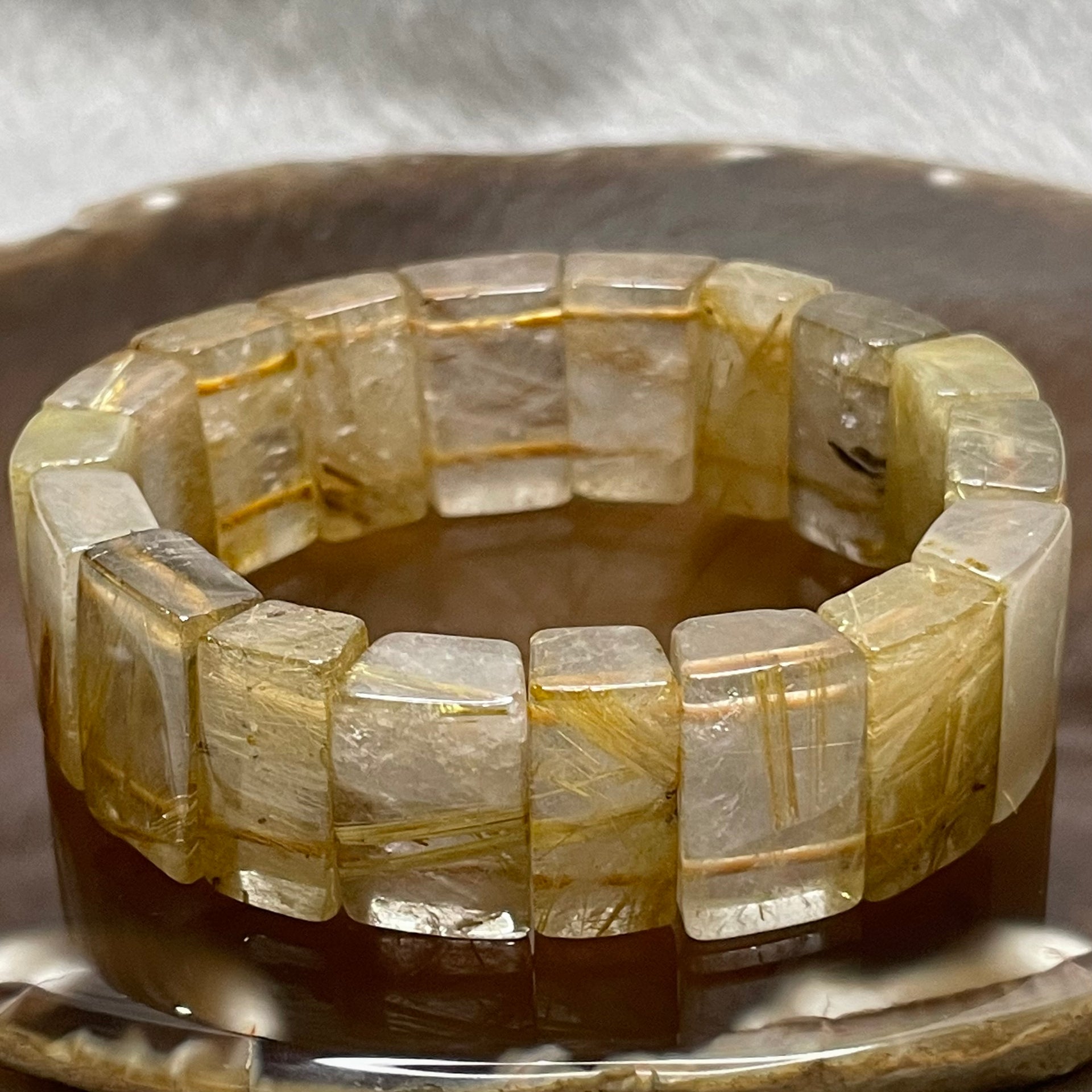 Natural Golden Rutilated Quartz Bracelet 手牌 - 62.93g 18.3 by 7.6mm/piece 18 pieces - Huangs Jadeite and Jewelry Pte Ltd