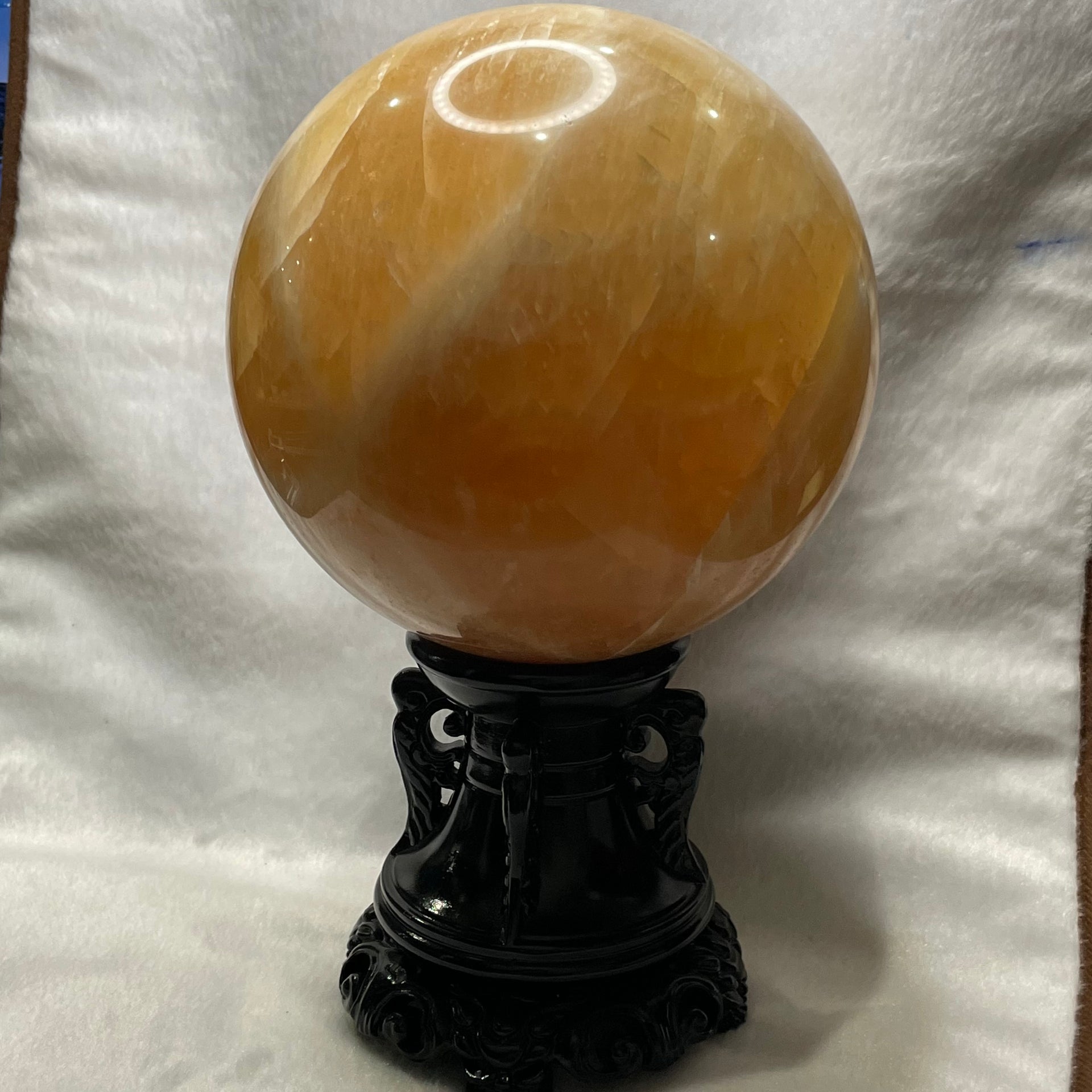 Natural Citrine Crystal Ball Display with Wooden Stand - 6555g Dimensions with Stand: 253.9 by 242.5 by 165.9mm Crystal Ball Dimensions: 139.2 by 139.2mm - Huangs Jadeite and Jewelry Pte Ltd