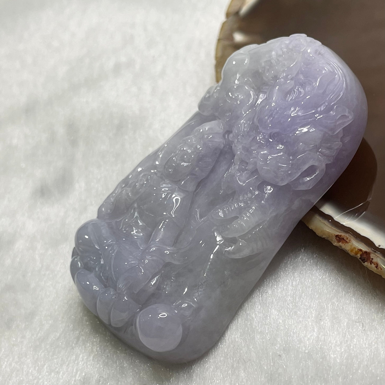 Type A Faint Lavender Jade Jadeite Guan Yin & Dragon Pendant - 56.0g 59.7 by 35.0 by 12.7mm - Huangs Jadeite and Jewelry Pte Ltd