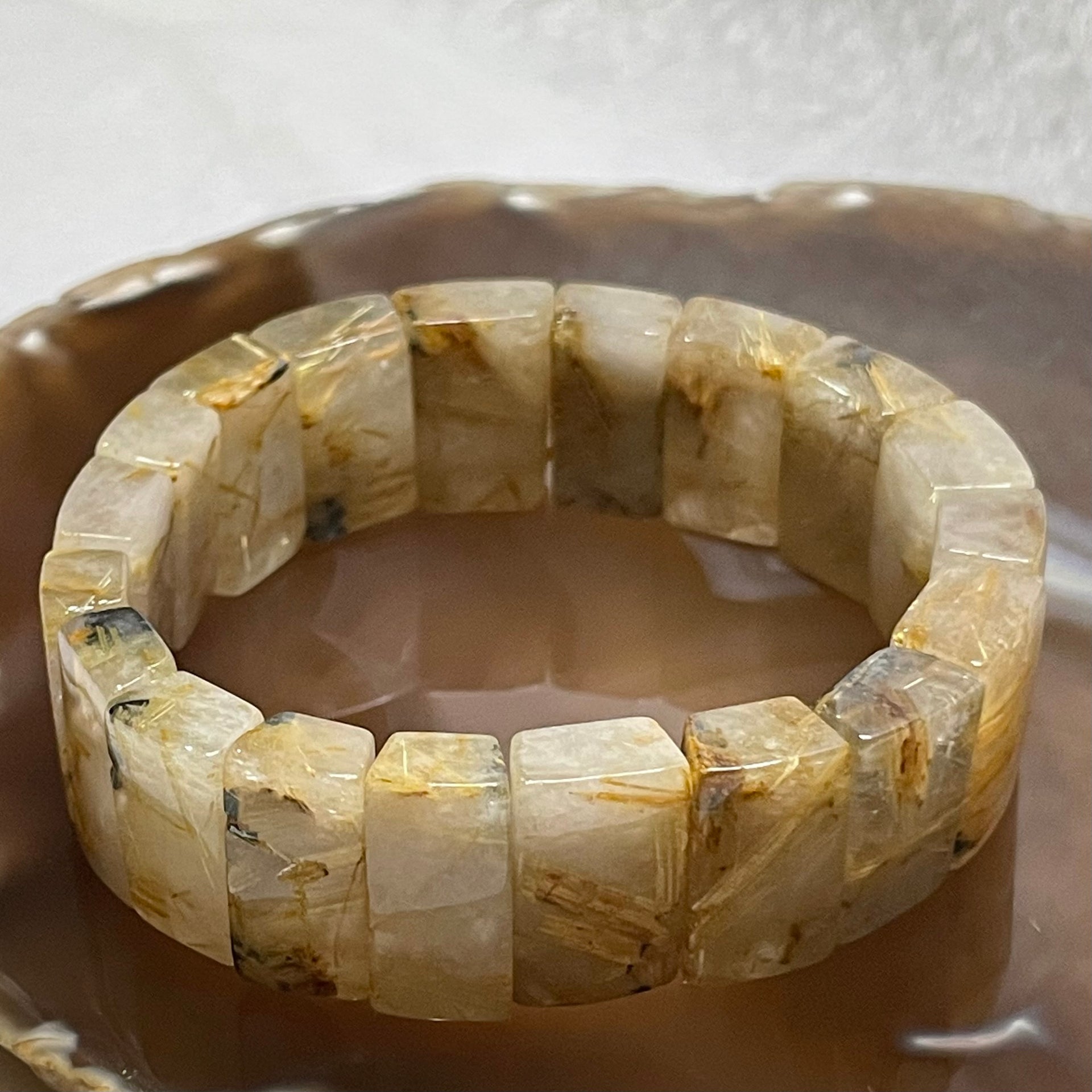 Natural Golden Rutilated Quartz Bracelet 手牌 - 68.47g 18.3 by 13.5 by 9.3mm/piece 19 pieces - Huangs Jadeite and Jewelry Pte Ltd