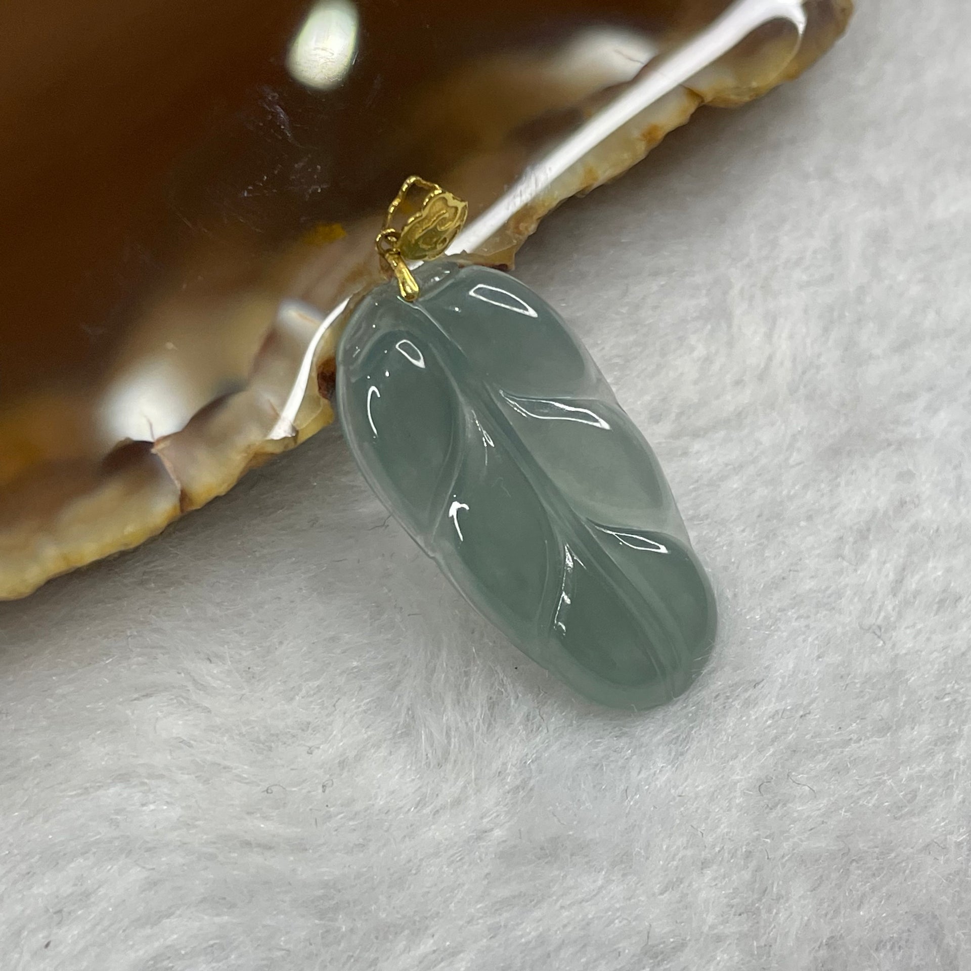 Type A Semi Icy Blueish Green Leaf Jade Jadeite Pendant with 18k Gold Clasp 1.74g 25.8 by 13.4 by 2.5mm - Huangs Jadeite and Jewelry Pte Ltd