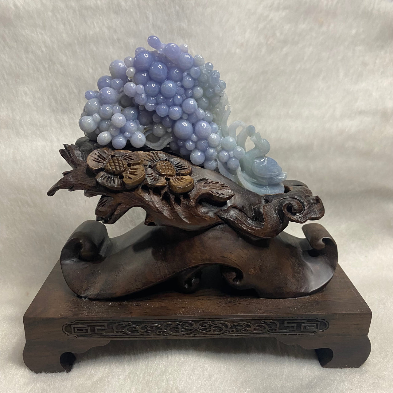 Rare Type A Deep Blueish Lavender Grapes & Duck 152.3G 44.2 by 23.6 by 10.8mm with wooden stand total 730.2g 168.4 by 78.8 by 153.0mm - Huangs Jadeite and Jewelry Pte Ltd