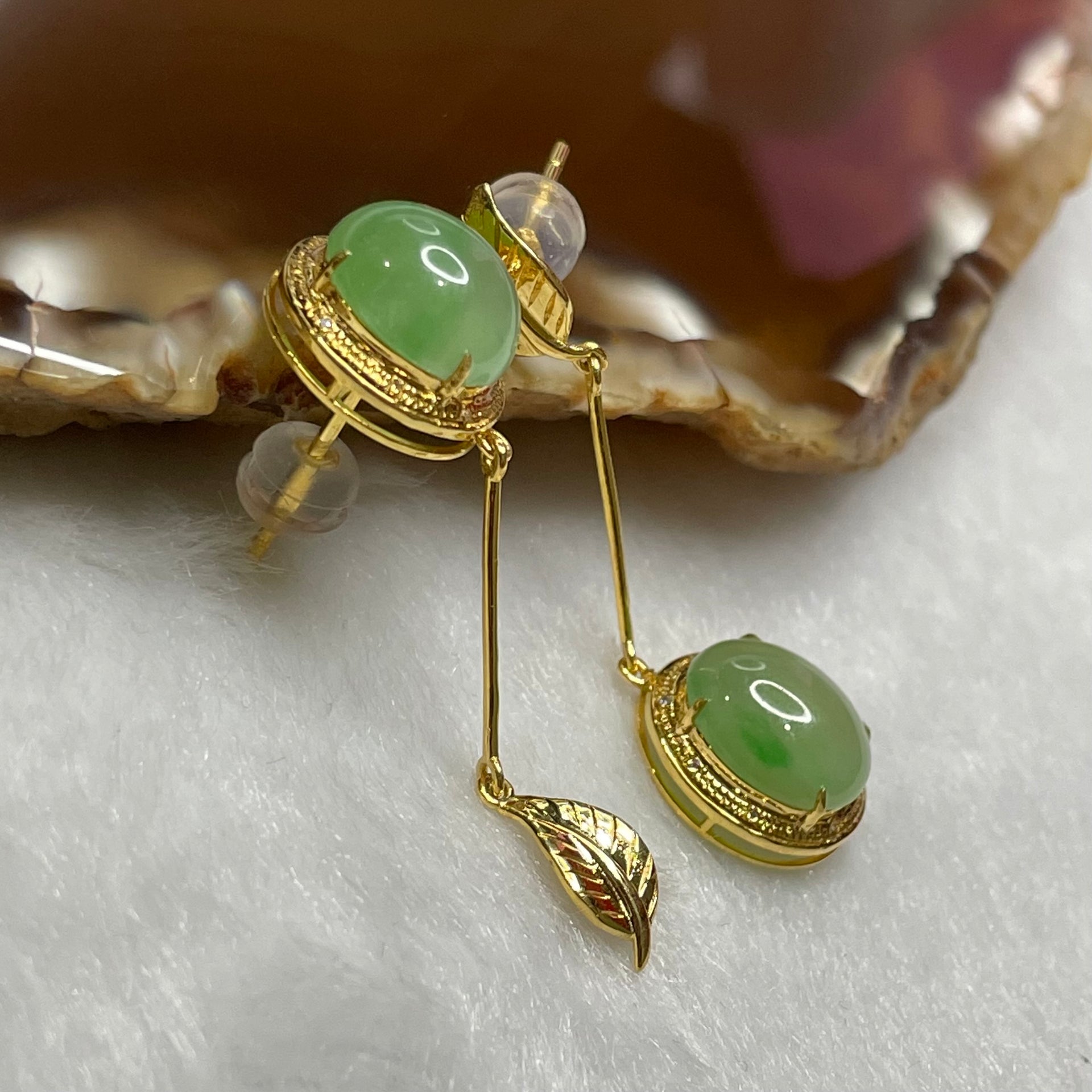 Type A Icy Green Jade Jadeite Earrings 18k Yellow Gold 3.43g 37.7 by 10.7 by 7.1mm - Huangs Jadeite and Jewelry Pte Ltd