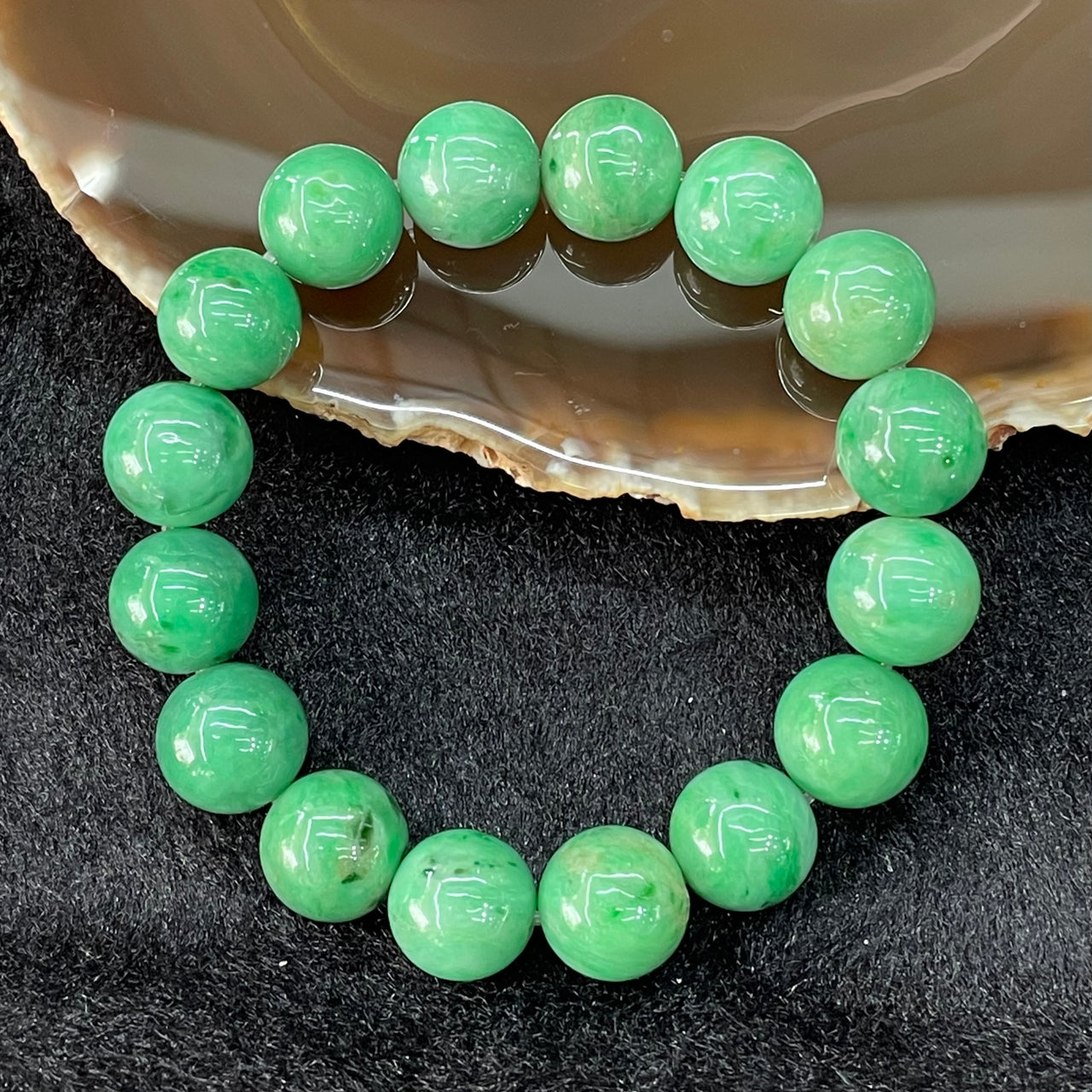 Type A Burmese Apple Green Jade Jadeite Bracelet - 63.24g 13.4mm/bead 16 beads - Huangs Jadeite and Jewelry Pte Ltd