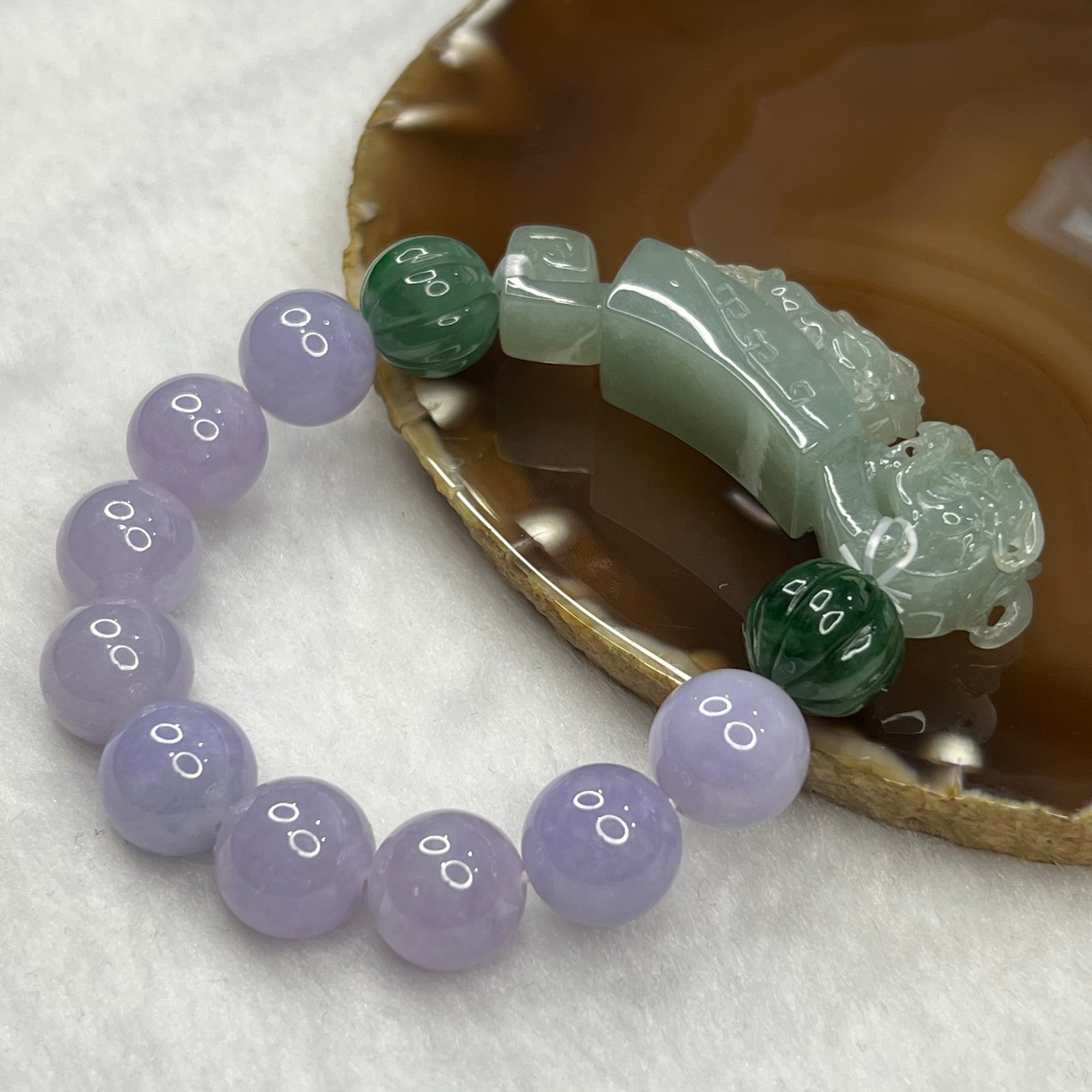 High End Type A Lavender and Green Jadeite Bracelet with Semi Icy Dragon and Pixiu Ruyi Charm 72.82g 13.4mm 11 Beads Charm Dimensions 63.3 by 14.3 by 18.4 - Huangs Jadeite and Jewelry Pte Ltd