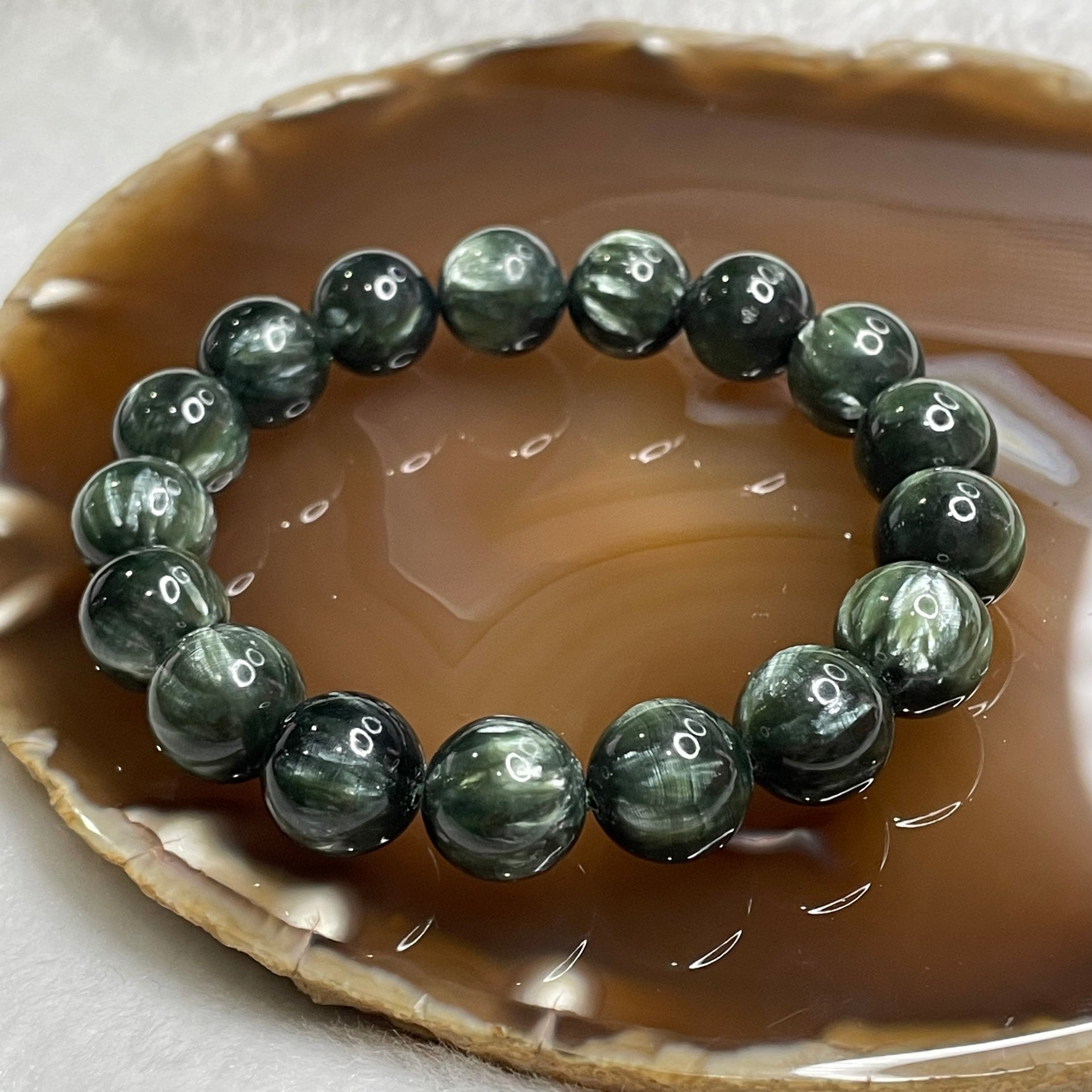 Natural Seraphinite Crystal Bracelet 绿龙晶46.72g 12.8mm/bead 17 beads - Huangs Jadeite and Jewelry Pte Ltd