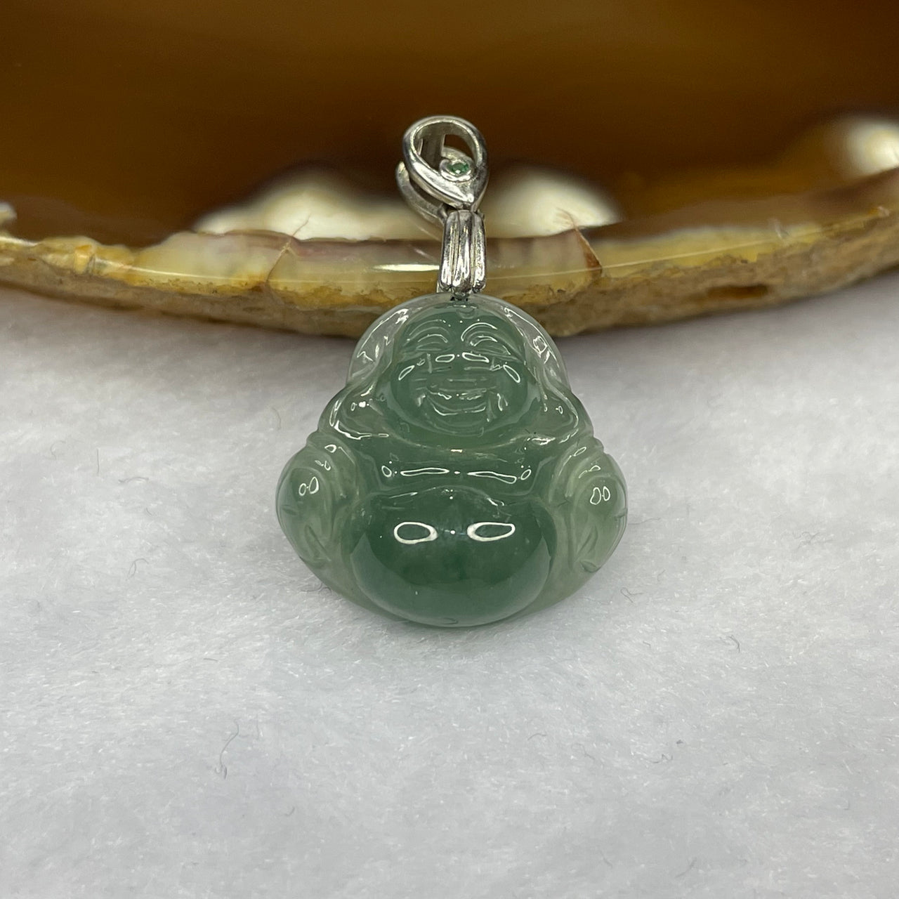 Type A Icy Green Milo Buddha Jade Jadeite Pendant with 925 Silver Clasp - 4.86g 17.7 by 18.3 by 5.9mm - Huangs Jadeite and Jewelry Pte Ltd