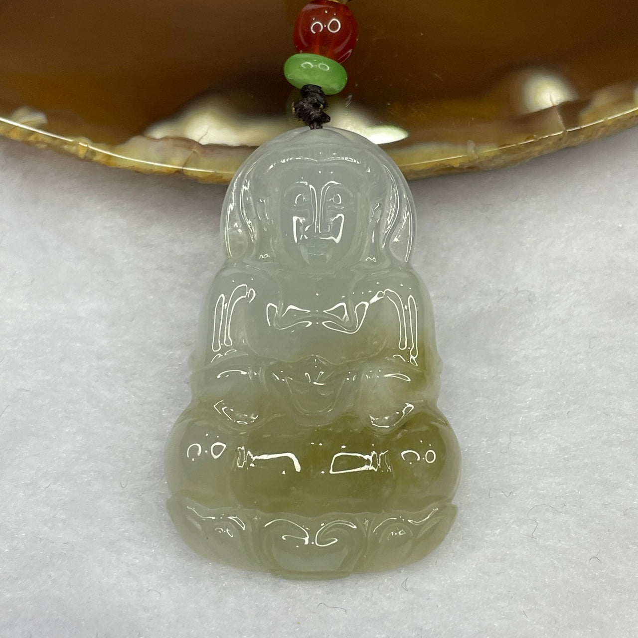 Type A Semi Icy Green and Yellow Jade Jadeite Guan Yin Pendant - 12.05g 42.7 by 27.4 by 6.1mm - Huangs Jadeite and Jewelry Pte Ltd