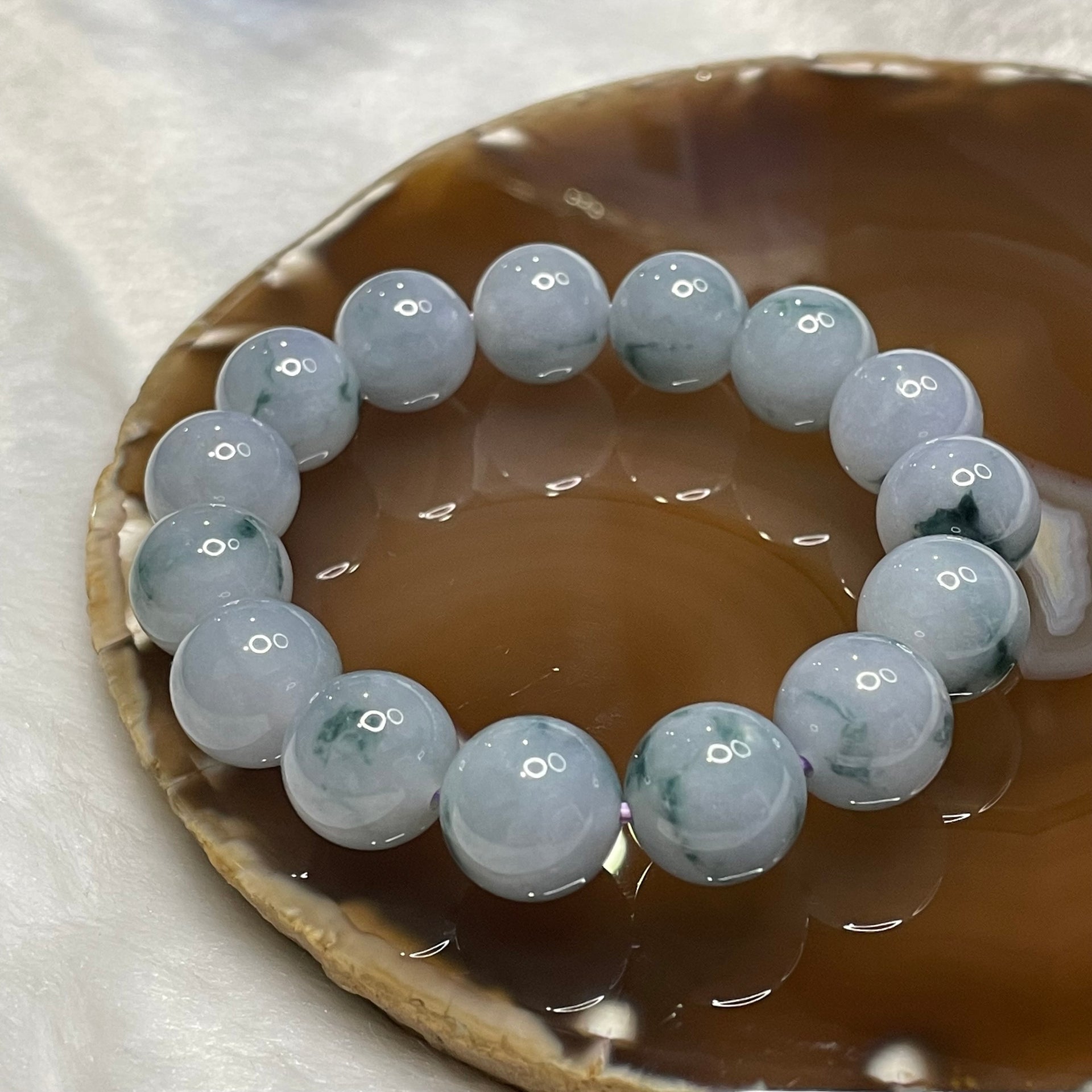 Type A Semi Icy Lavender with Green Piao Hua Jade Jadeite Beads 71.43g 14.1mm/bead 15 beads - Huangs Jadeite and Jewelry Pte Ltd