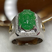 Rare Type A High Quality Yang Green Pixiu Jade Jadeite 18k white gold & Natural Diamonds 7.46g 16.3 by 10.2mm US8.5 HK19 - Huangs Jadeite and Jewelry Pte Ltd