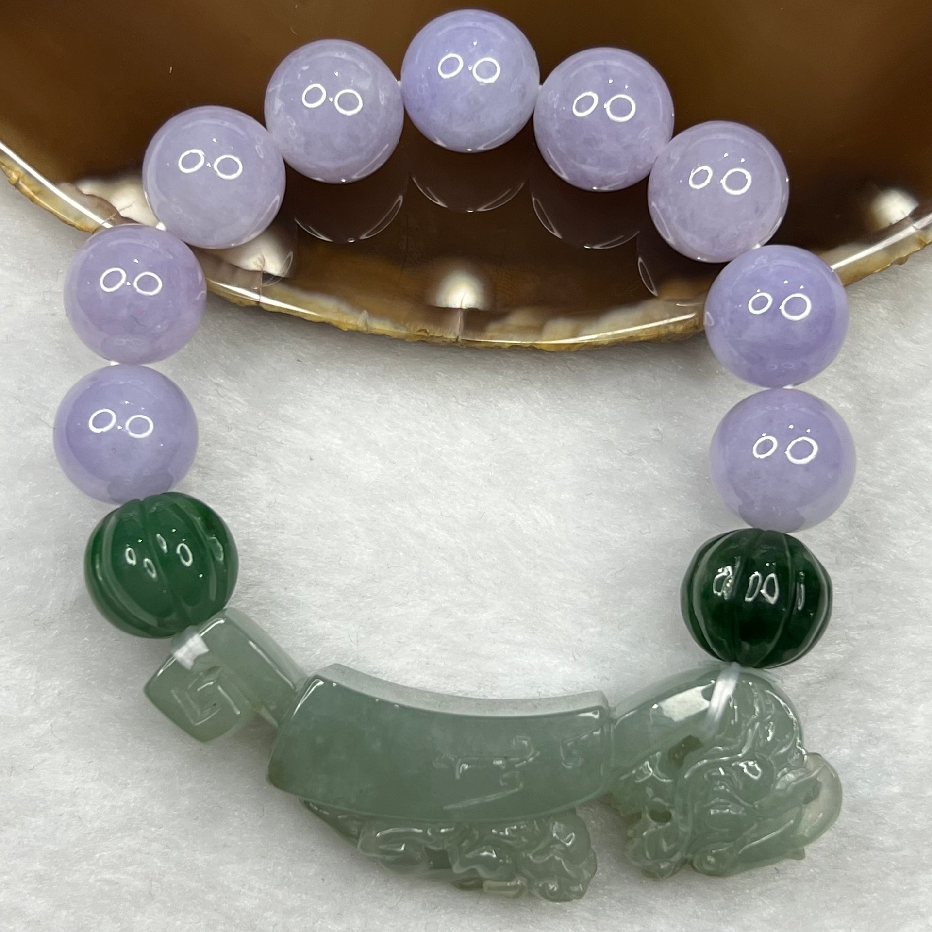 High End Type A Lavender and Green Jadeite Bracelet with Semi Icy Dragon and Pixiu Ruyi Charm 72.82g 13.4mm 11 Beads Charm Dimensions 63.3 by 14.3 by 18.4 - Huangs Jadeite and Jewelry Pte Ltd