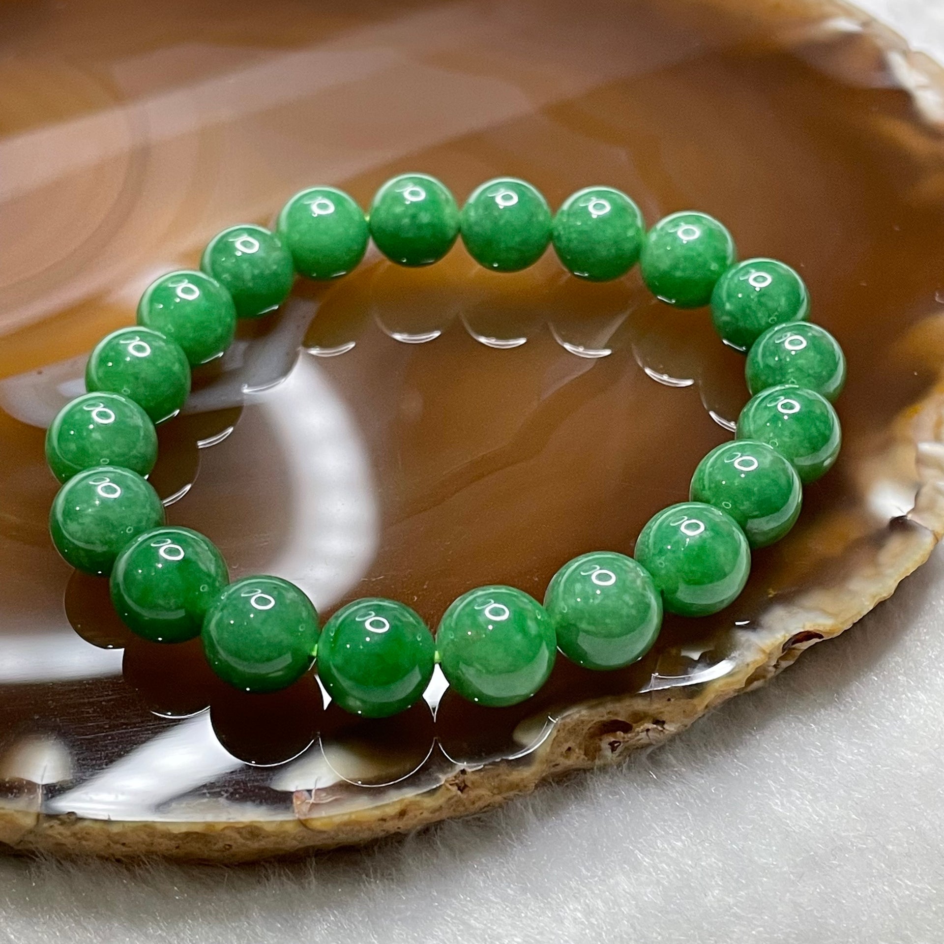 Rare High Quality Type A Full Green Jade Jadeite Beads Bracelet 29.76g 9.6mm/bead 20 beads - Huangs Jadeite and Jewelry Pte Ltd