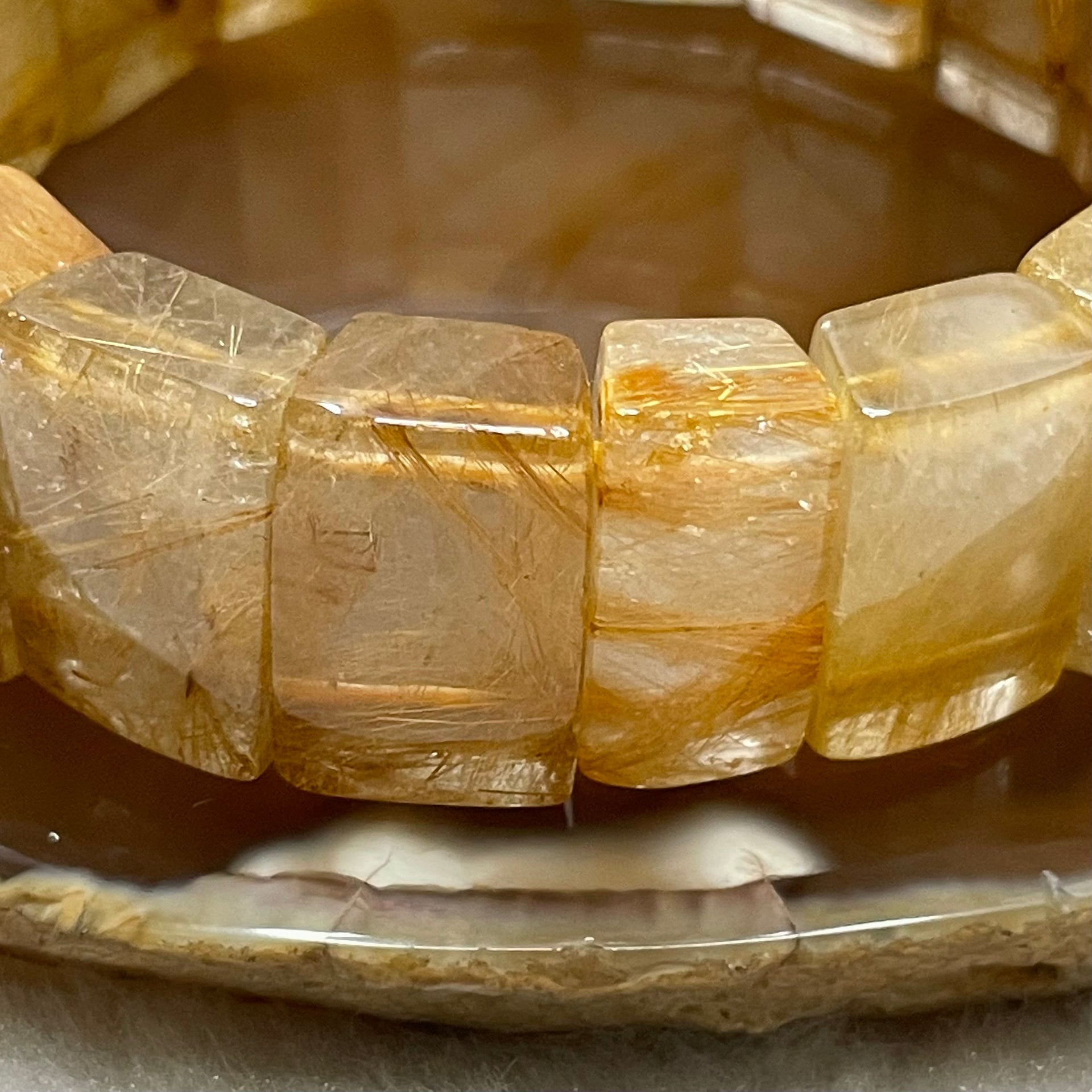 Natural Golden Rutilated Quartz Bracelet 手牌 - 71.40g 18.8 by 7.2mm/piece 18 pieces - Huangs Jadeite and Jewelry Pte Ltd