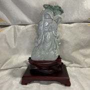 Type A Lavender, Green & Yellow Jade Jadeite Shou Xing Gong with Wooden Stand 财源滚滚 健康长寿 - 3.93kg Dimensions with Stand: 39 by 25 by 15cm Jade Dimensions: 27 by 15 by 7cm - Huangs Jadeite and Jewelry Pte Ltd