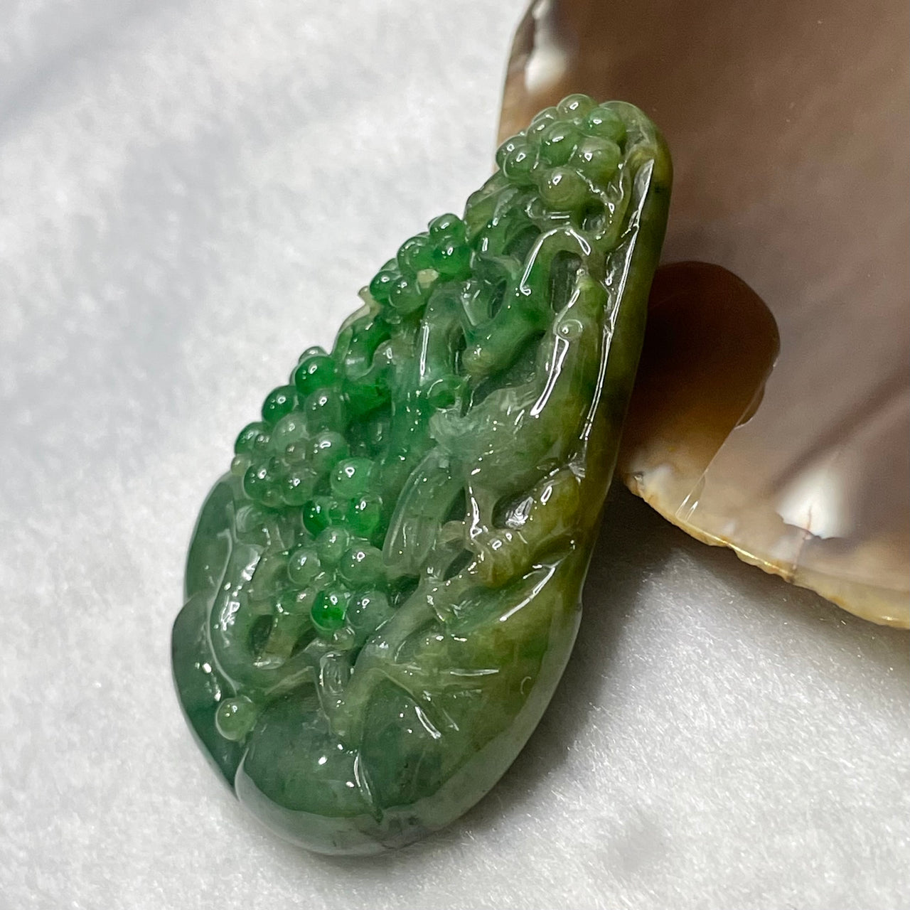 Type A Green & Brownish Yellow Magpies & Plums 喜上眉梢 Jade Jadeite Pendant - 48.94g 59.7 by 43.6 by 12.0mm - Huangs Jadeite and Jewelry Pte Ltd