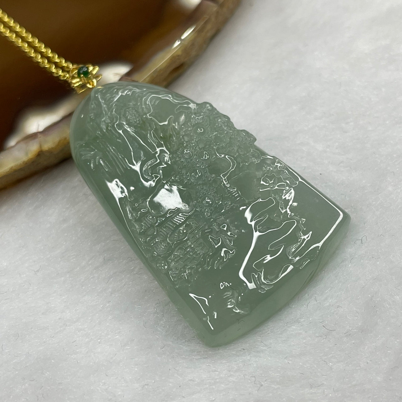 Grand Master Certified Type A Semi Icy Green Jade Jadeite Shan Shui Pendant with 18K Gold Clasp 14.70g 41.1 by 26.7 by 5.9mm - Huangs Jadeite and Jewelry Pte Ltd