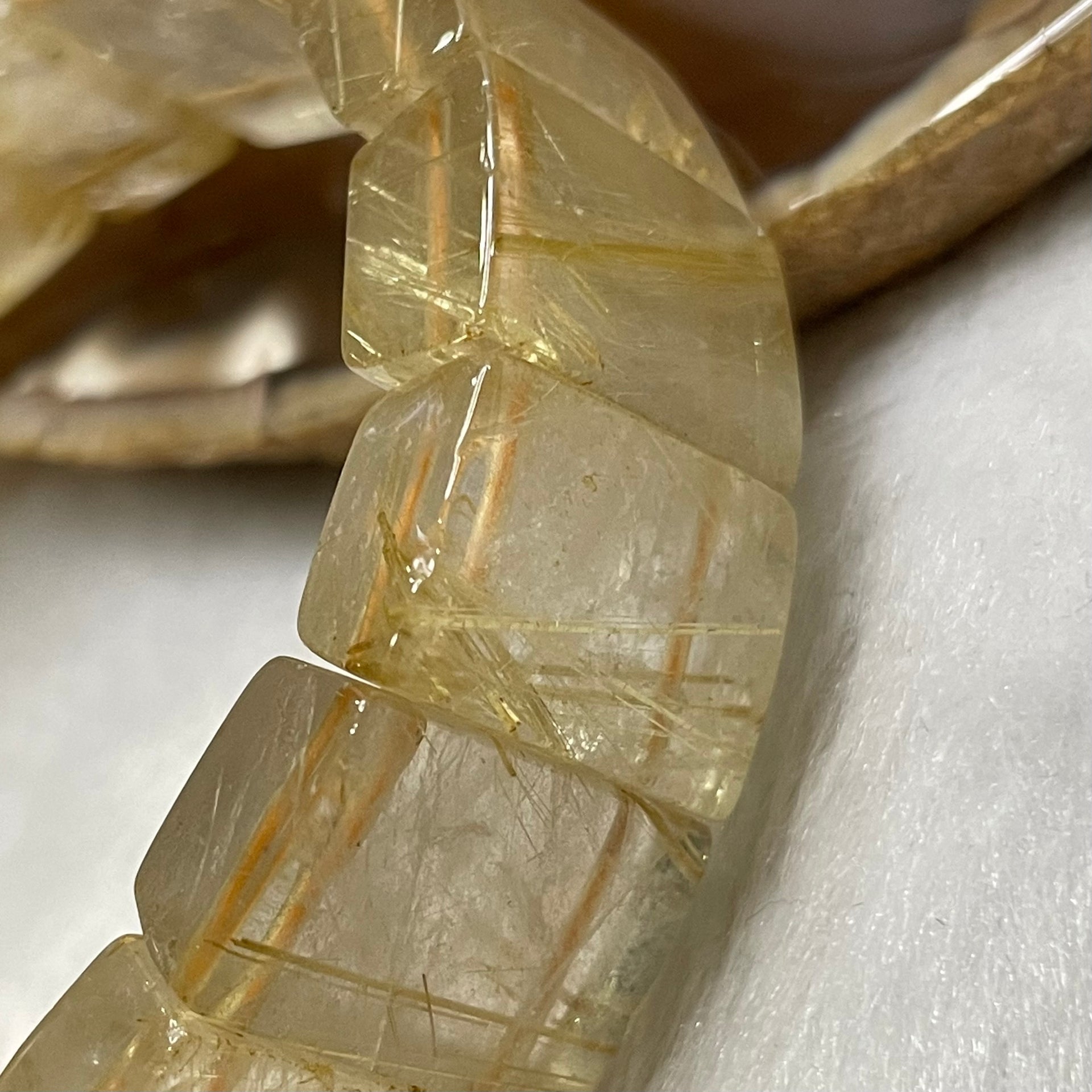 Natural Golden Rutilated Quartz Bracelet 手牌 - 72.23g 18.5 by 7.6mm/piece 17 pieces - Huangs Jadeite and Jewelry Pte Ltd