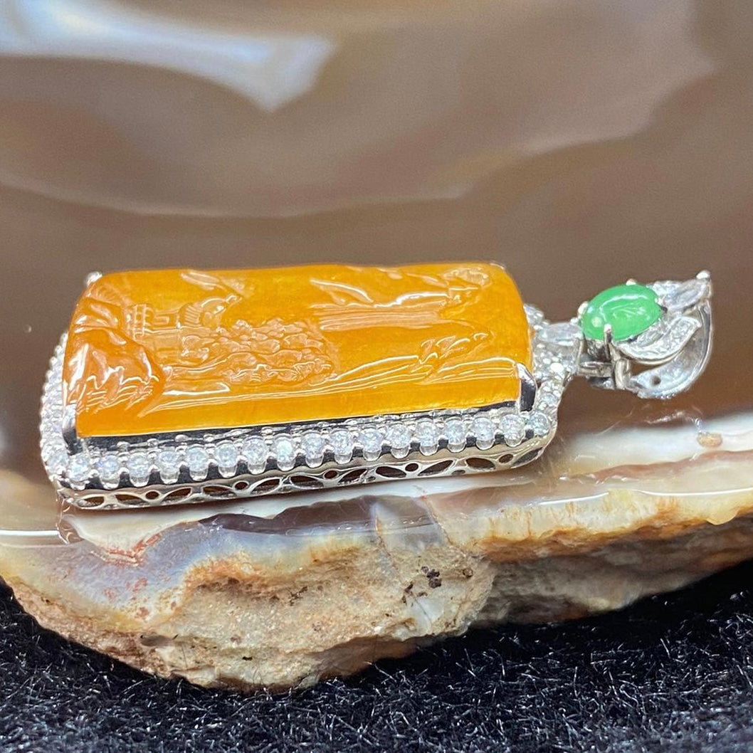 Type A Burmese Icy Yellow Jade Jadeite Scenic Piece Shan Shui 18k gold & diamonds - 6.46g 36.1 by 18.8 by 6.8mm - Huangs Jadeite and Jewelry Pte Ltd