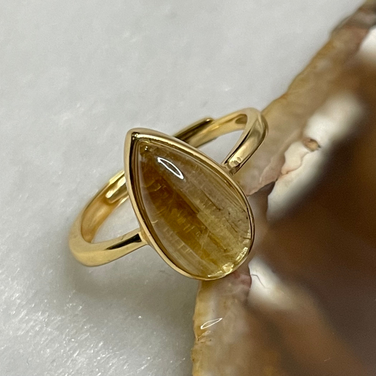 Natural Golden Rutilated Quartz 925 Silver Ring Size Adjustable 1.97g 13.6 by 8.1 by 5.1mm - Huangs Jadeite and Jewelry Pte Ltd