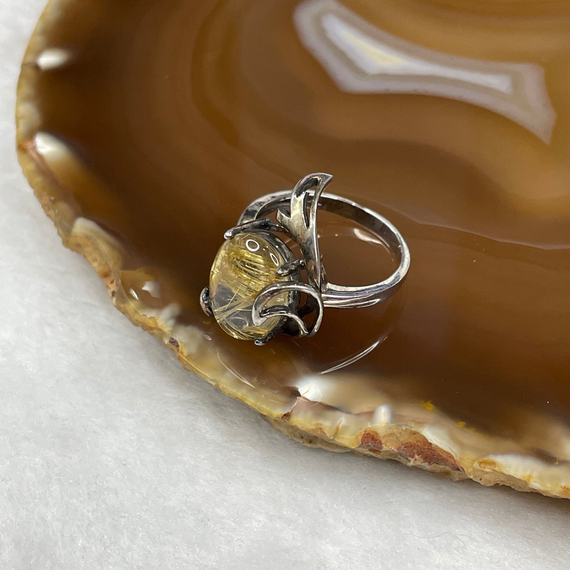 Natural Golden Rutilated Quartz 925 Silver Ring US 8.5 HK 18.75 5.43g 19.5 by 17.0 by 9.4mm - Huangs Jadeite and Jewelry Pte Ltd