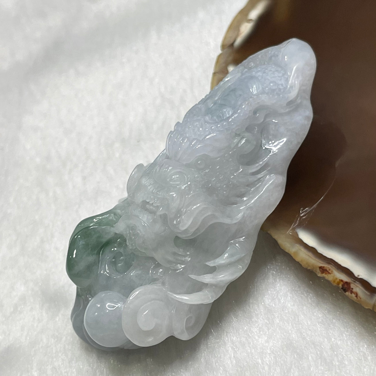 Type A Faint Grey & Green Jade Jadeite Dragon Pendant - 59.4g 67.8 by 36.4 by 24.8mm - Huangs Jadeite and Jewelry Pte Ltd