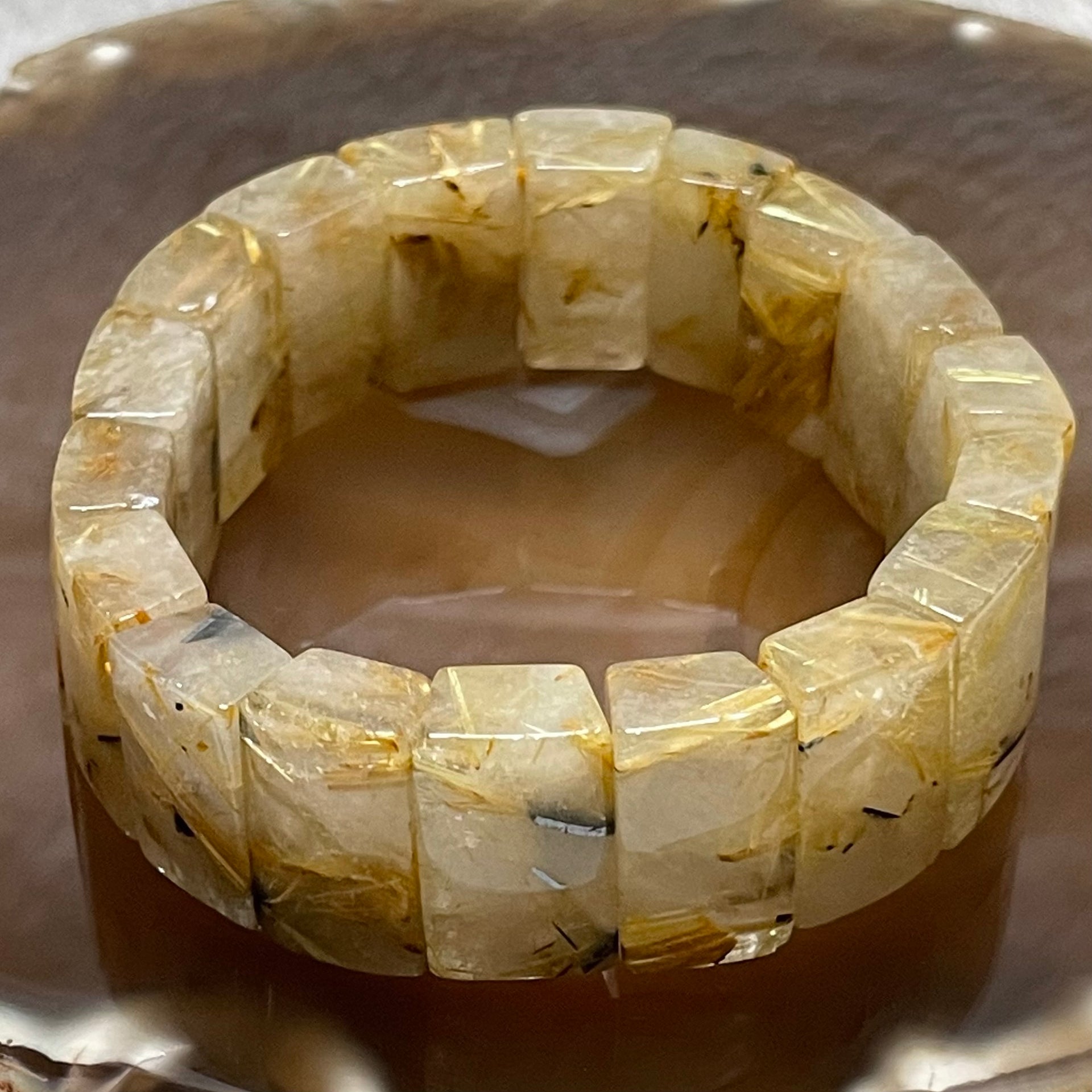 Natural Golden Rutilated Quartz Bracelet 手牌 - 69.26g 18.9 by 13.7 by 8.2mm/piece 18 pieces - Huangs Jadeite and Jewelry Pte Ltd