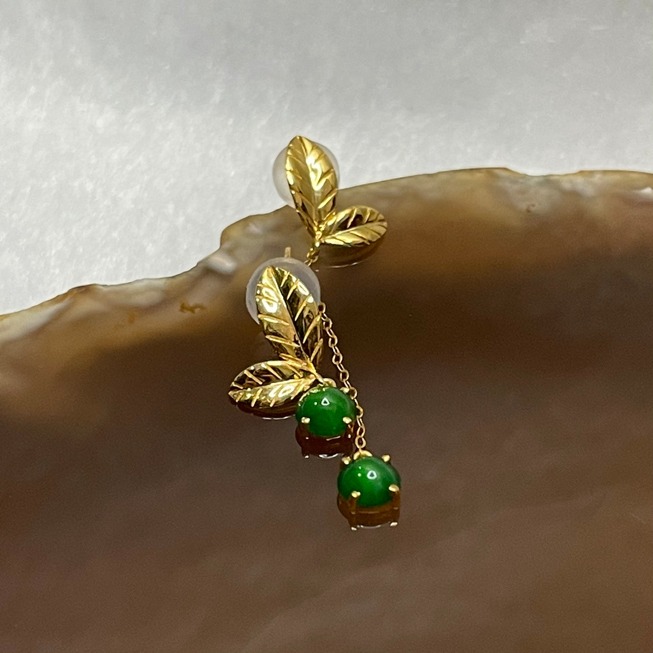 Type A Green Jade Jadeite Leaf Pair of Earrings with 18K Gold - 1.25g 4.3 by 4.3 by 2.5mm - Huangs Jadeite and Jewelry Pte Ltd